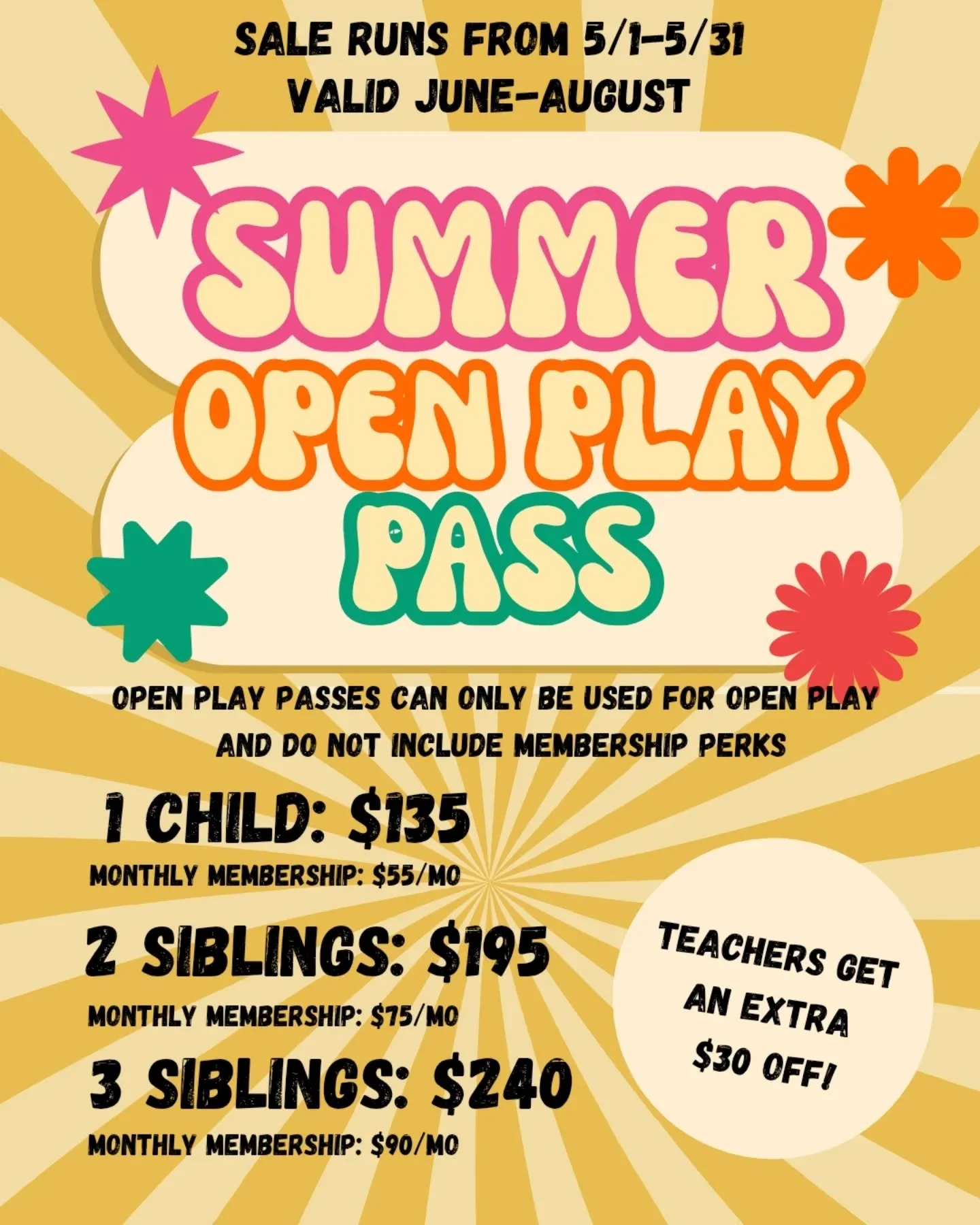 Just over 2 weeks left to claim one of these deals during our Birthday month! 

One YEAR Membership Sale: includes ALL the membership perks from unlimited Open Play to discounts on Events and $50 off of your Birthday Party!

Teachers, send us an emai