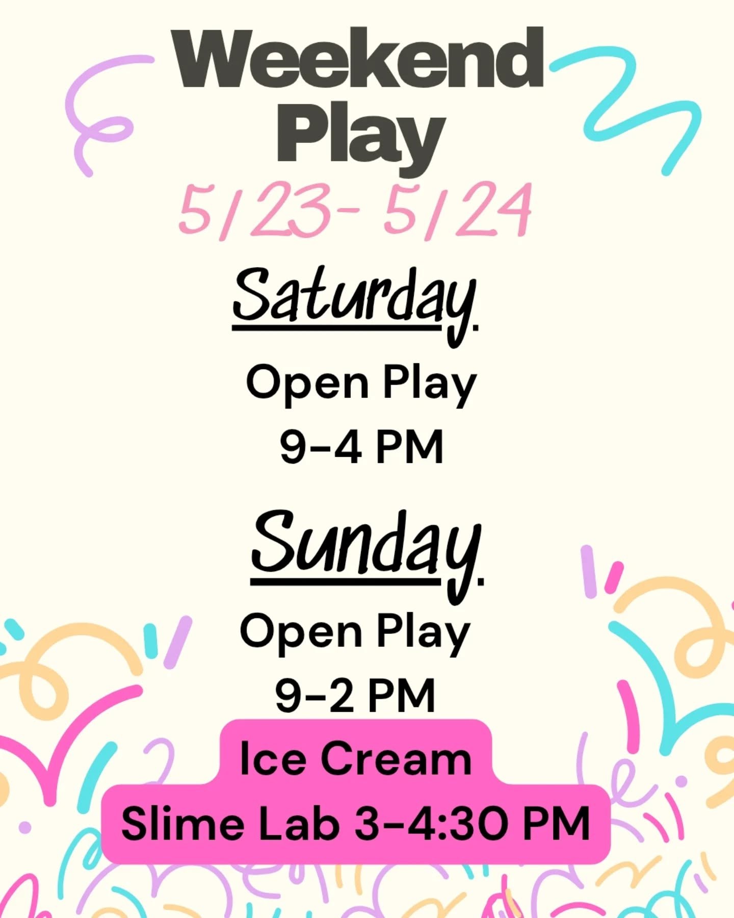 We haven't had this much open play since last year! 

Come take advantage and play with us this weekend! 

Sunday we have a super fun slime lab for a of our slime lovers too! That event is book ahead to make sure we have enough supplies ready!

#nhki