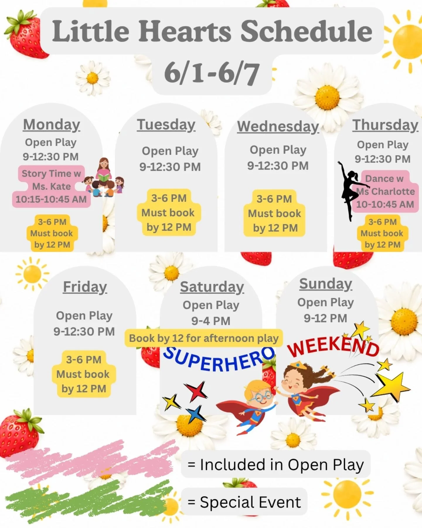 We are back to Storytime with Ms. Kate this week!

Join us for Open Play all week including dance with @minis.in.motion on Thursday!

This weekend we have some extra activities included in Open Play for our superhero lovers! Stay tuned for another po