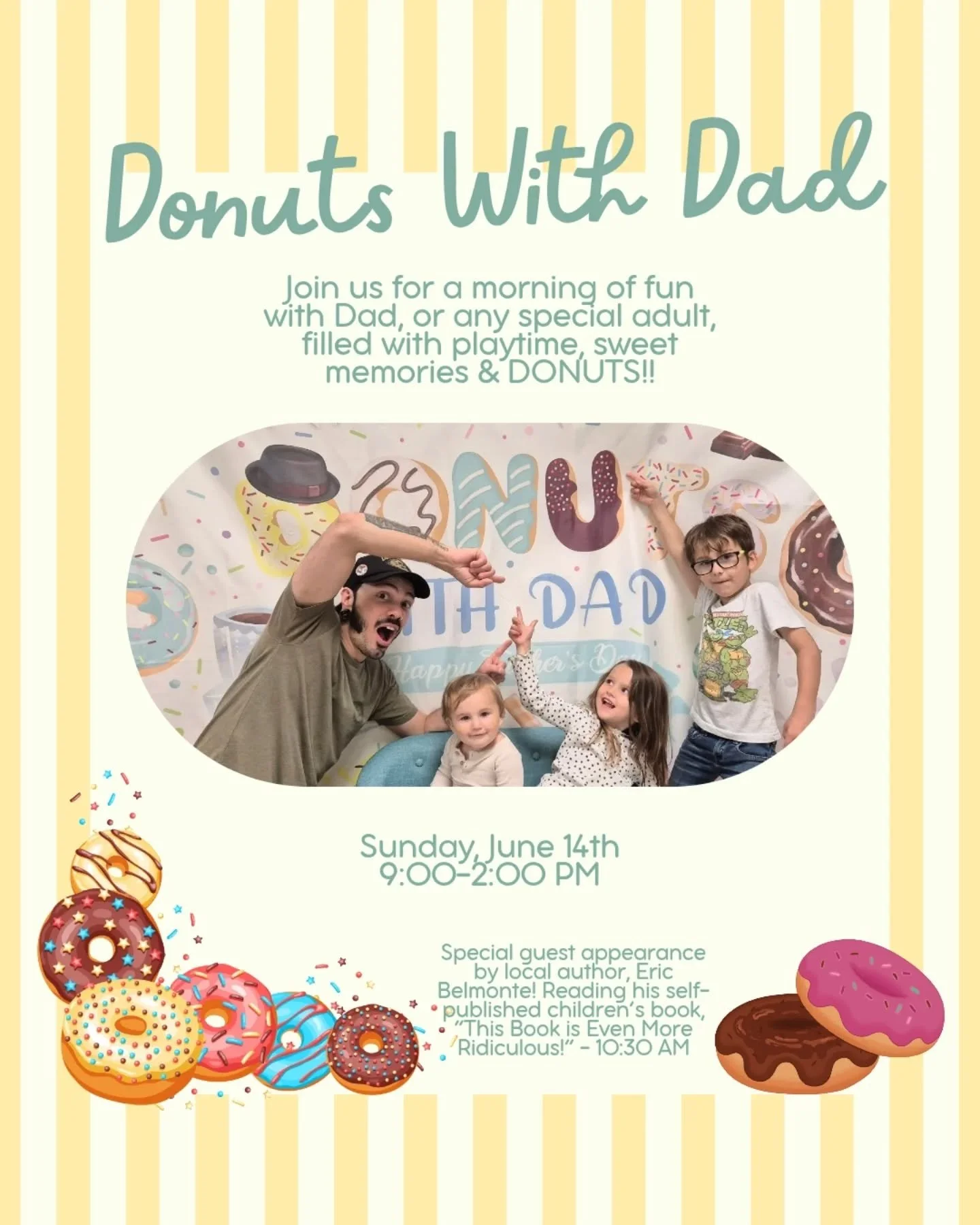 Join us during open play for a fun, interactive storytime with local dad of @littledragonetbooks, donuts and fun playtime with dad!!
