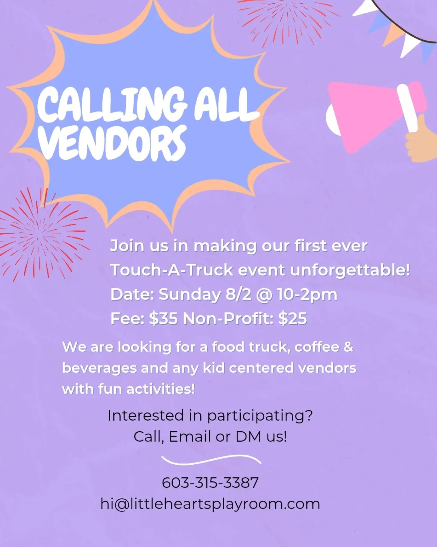 We are hosting our first Touch-a-Truck event in the front parking lot and want you to join us!! We are keeping the fees low just to cover our costs! 

Interested? Let me know! I know we have a lot of parents with fun businesses!

Have a truck you'd w
