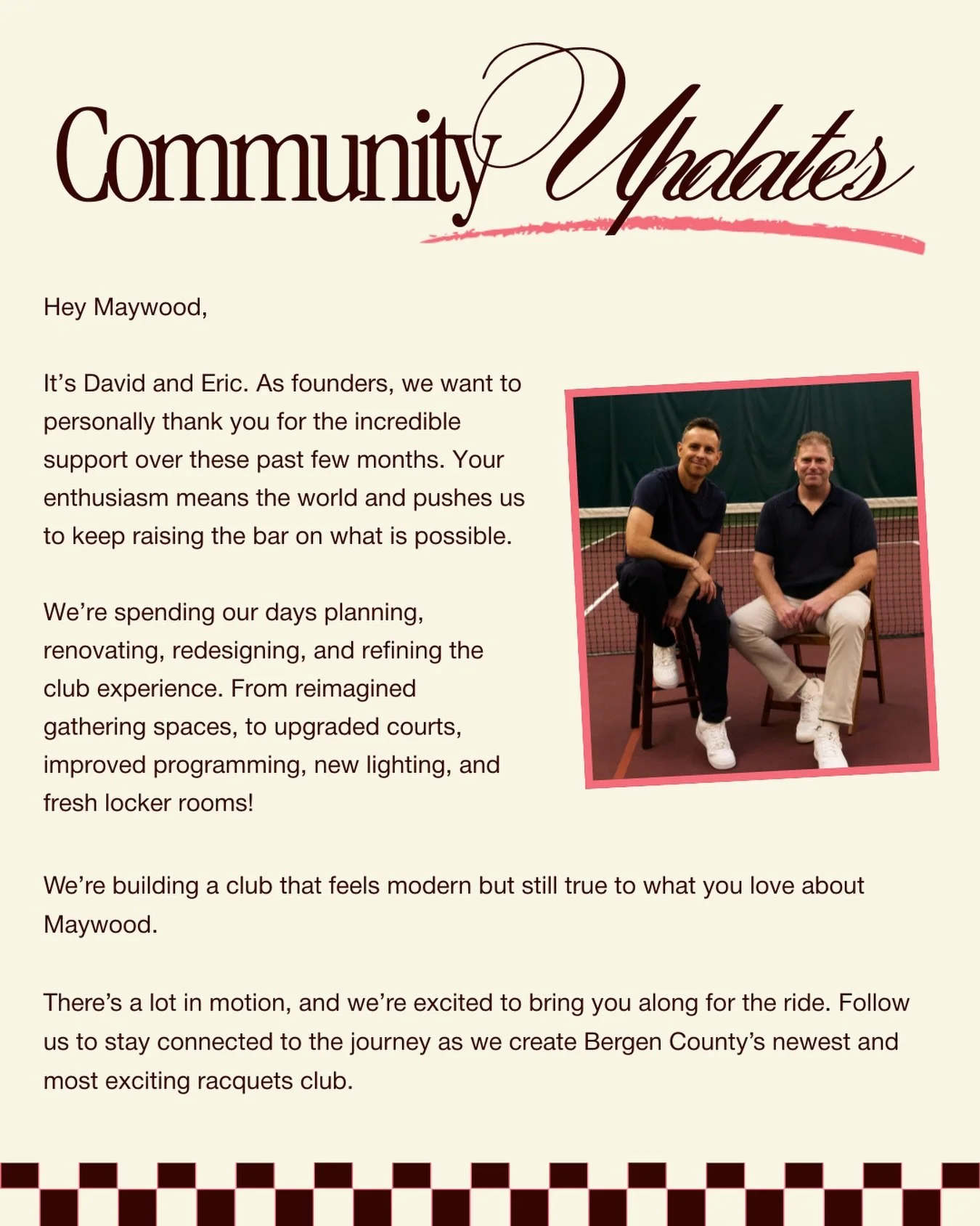 A note from our founders, @davemandelbaum and @ericudoff We&rsquo;re grateful for your support as Maywood grows, and we&rsquo;re committed to bringing you a reimagined racquets club experience!