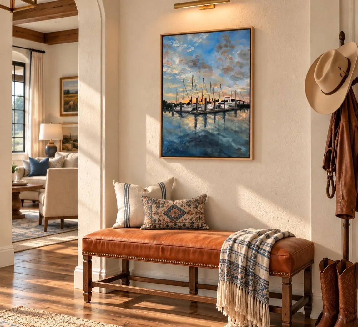 Coastal luxury with a touch of western charm 🤠⚓️🤍 I love imagining how these pieces might come to life in your home! 

Swipe through for styling inspiration and see how @devonlouiseart paintings can add character, color, and personality.

Artwork: 