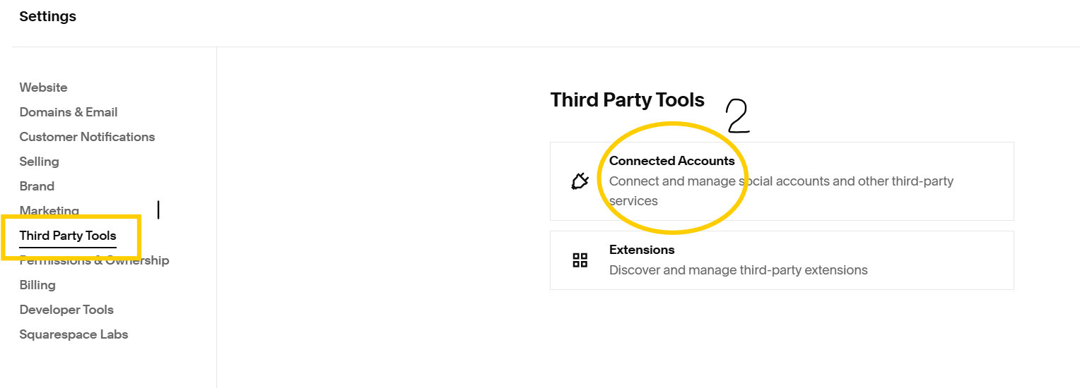 location of third party tools and connected accounts circled