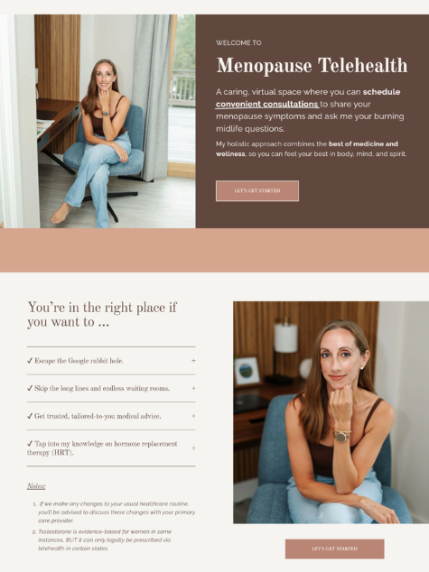 brown and rose colored screen shot of new website with jessica nazzaro sitting in office chair smiling