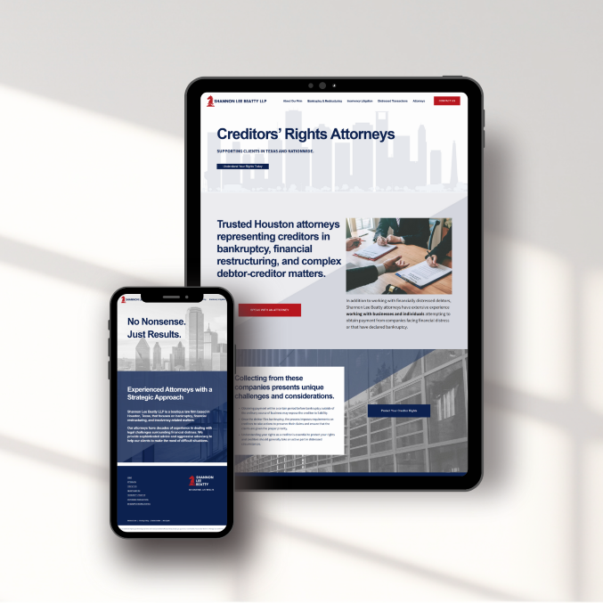 screen shots of dark blue and light blue legal website on smart devices