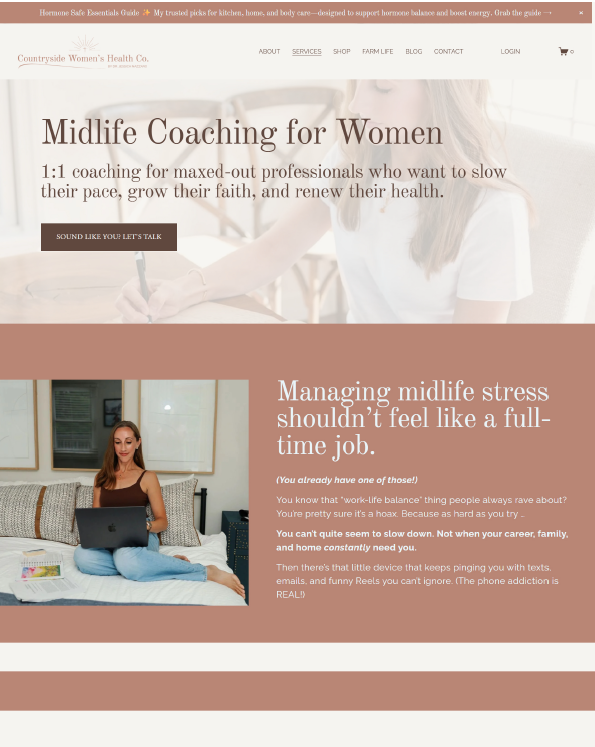 rose and cream colored screen shot of midlife coaching webpage with Jessica Nazzaro working on laptop in photos