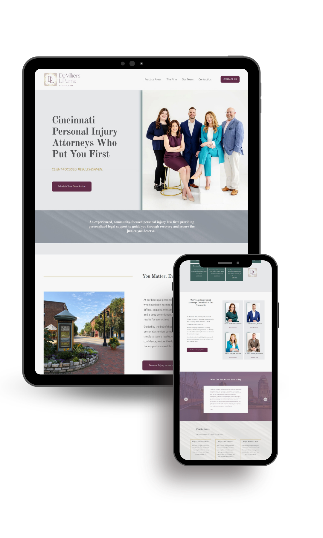 screen shots of a boutique law firm-De Villiers LiPuma- on ipad and smart phone graphic. website colors are deep purple dark green with accents of gold. attorney team photos are in the screenshots