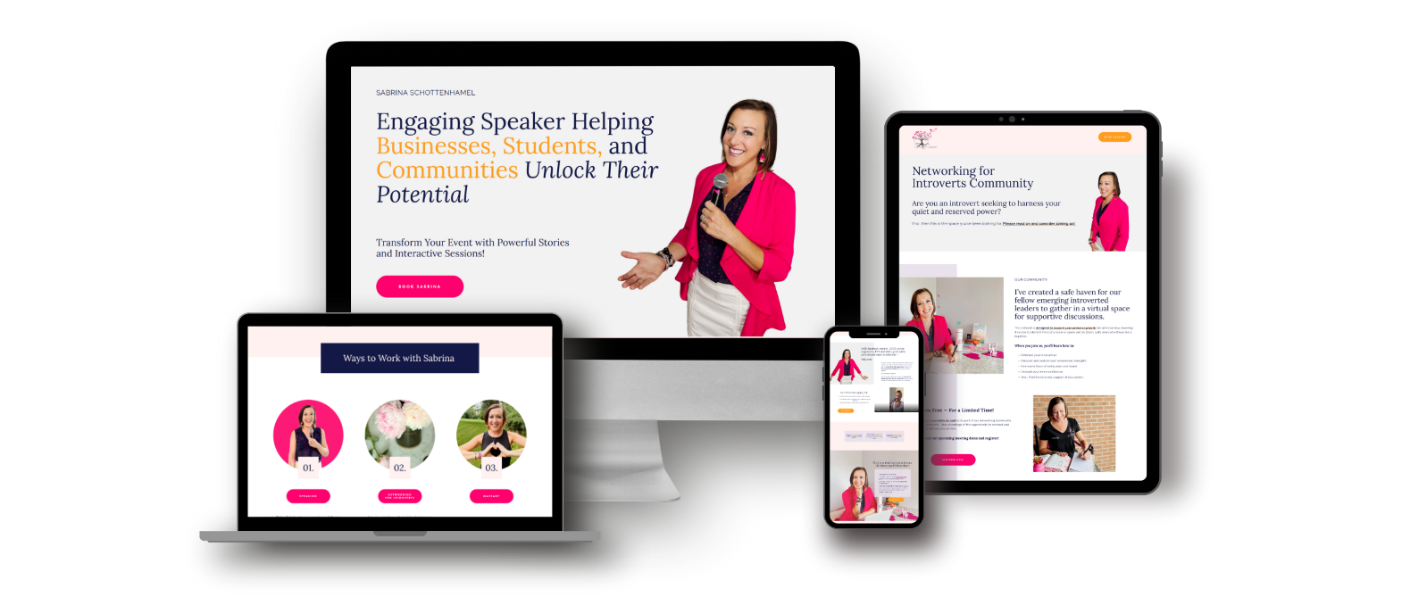 hot pink white and orange screen shot of female entrepreneur website on smart devices