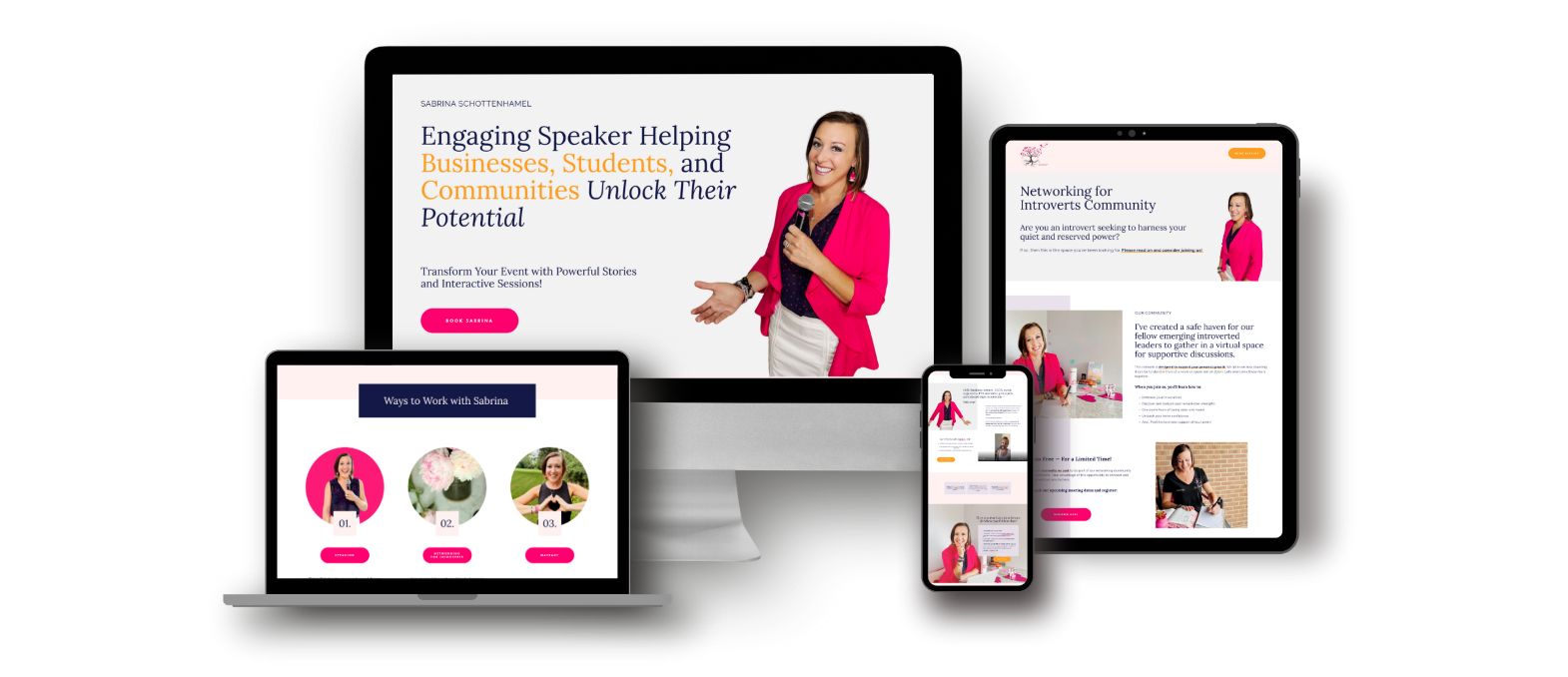 hot pink white and orange screen shot of female entrepreneur website on smart devices