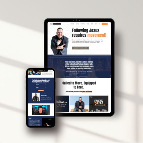 screenshots of navy blue orange white mens coaching website on smart device graphics