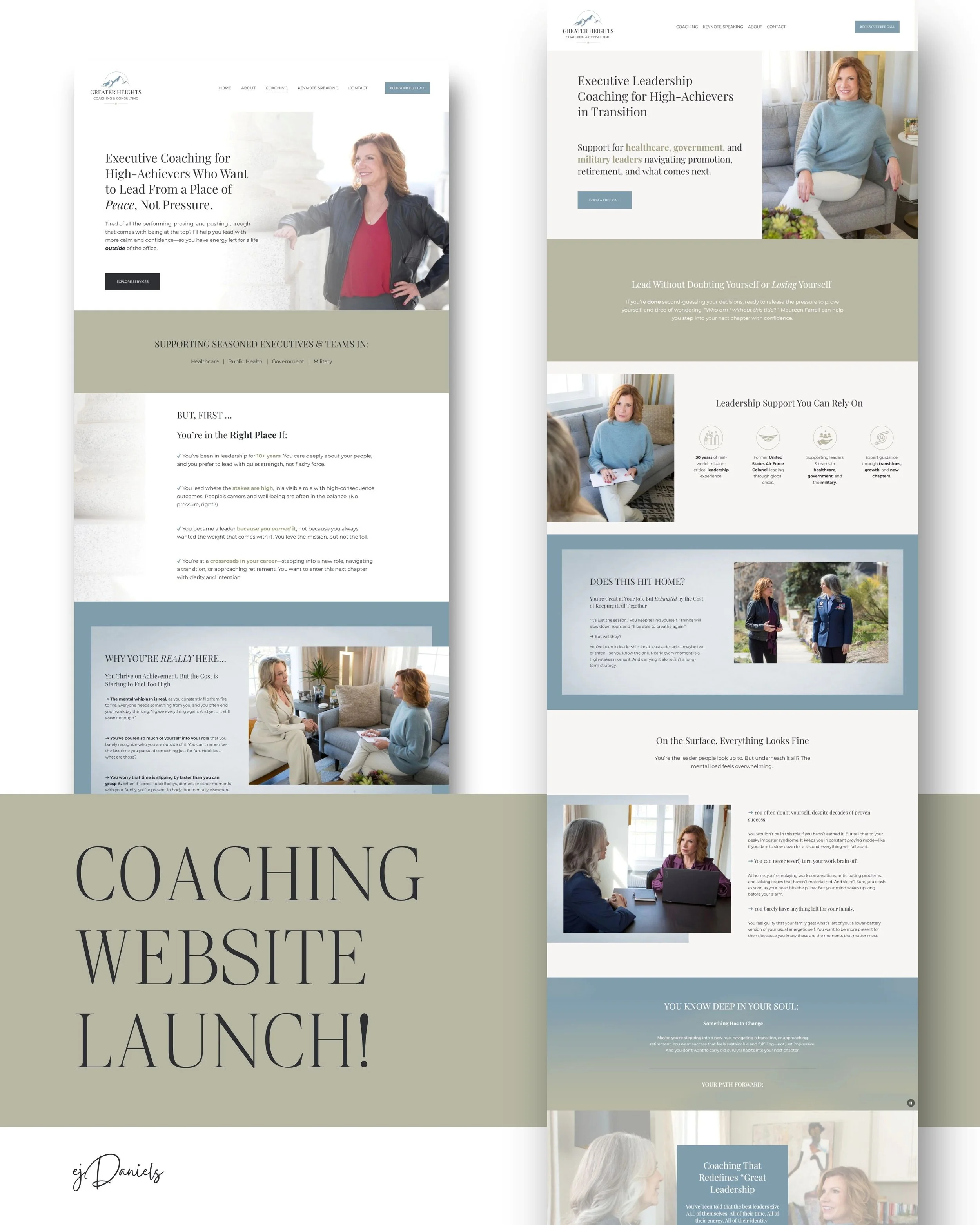 Screenshots of a coaching website featuring images of women in meetings and cozy settings, with text about executive coaching, leadership, and transition support.