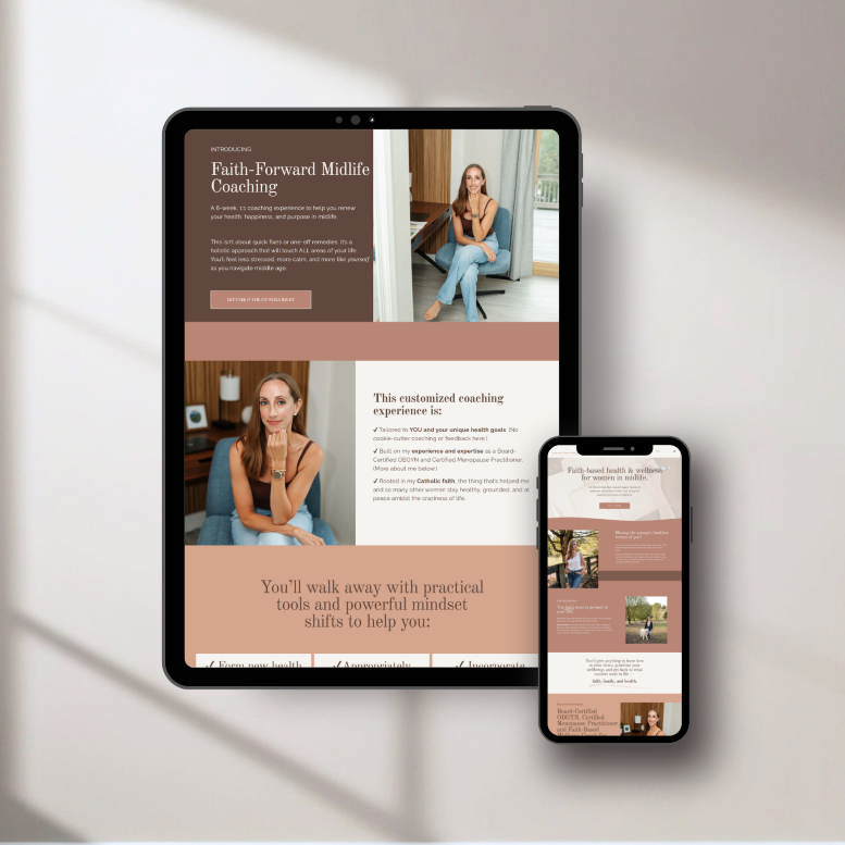 A tablet and smartphone both displaying a website for faith-forward midlife coaching, featuring a woman sitting on a chair, text about coaching services, and a calming color scheme.