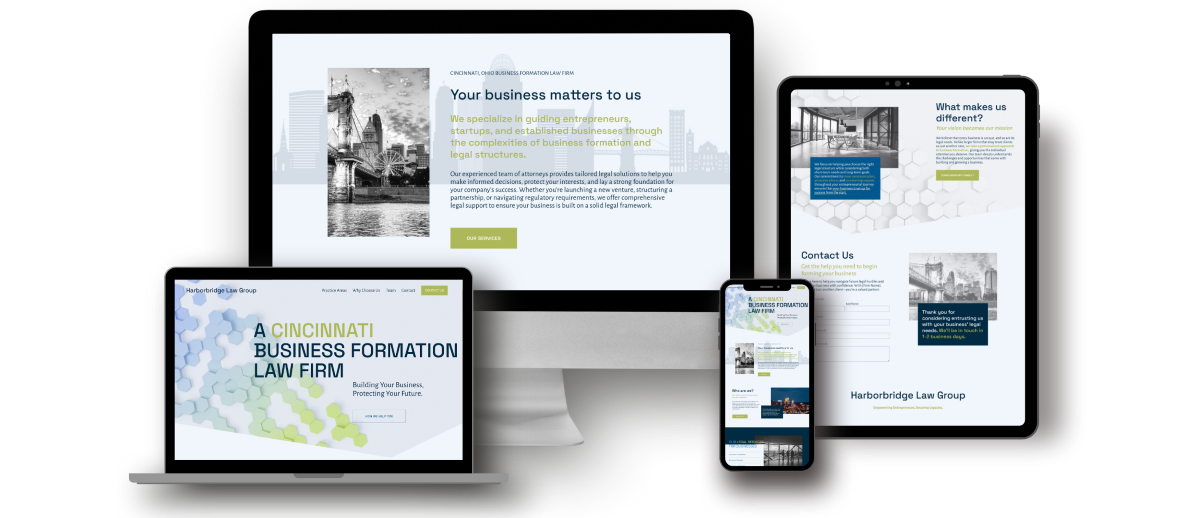 screenshots of teal light blue and lime legal website on smart devices
