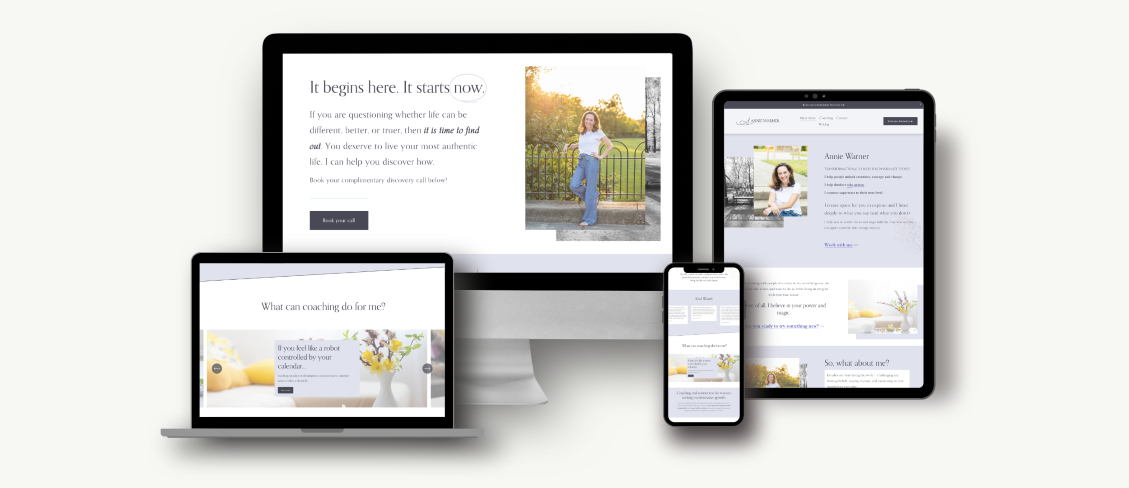 Multiple electronic devices displaying a website about coaching and personal development, including a desktop computer, laptop, tablet, and smartphone.