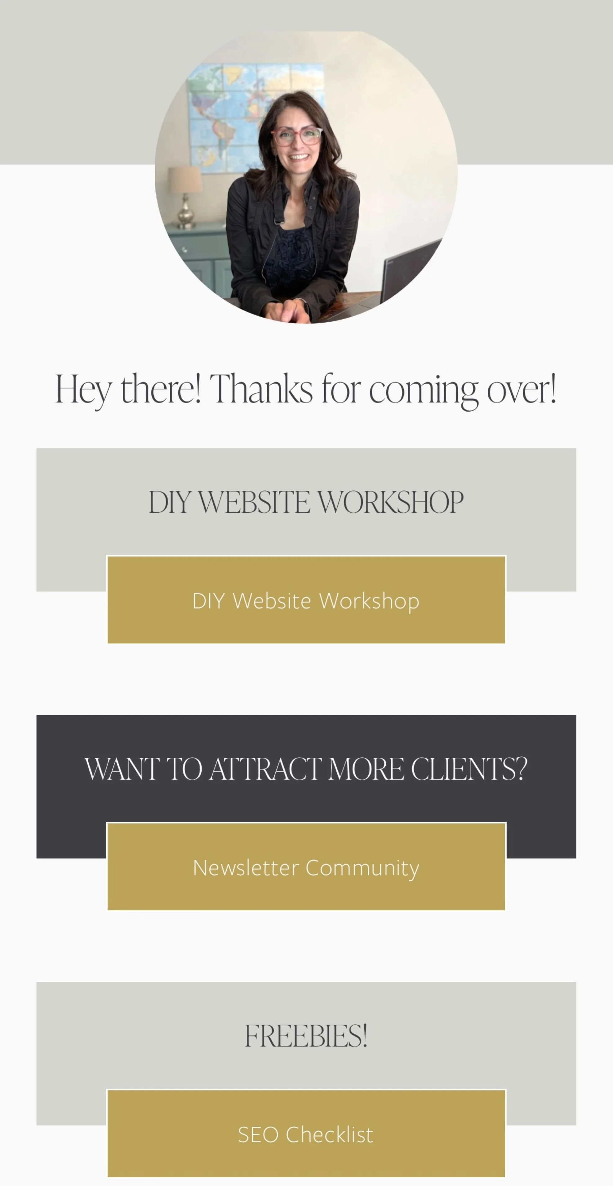 screenshot of elizabeth daniels squarespace link in bio with gold and dark grey buttons and photo of elizabeth in dark grey jacket smiling by laptop