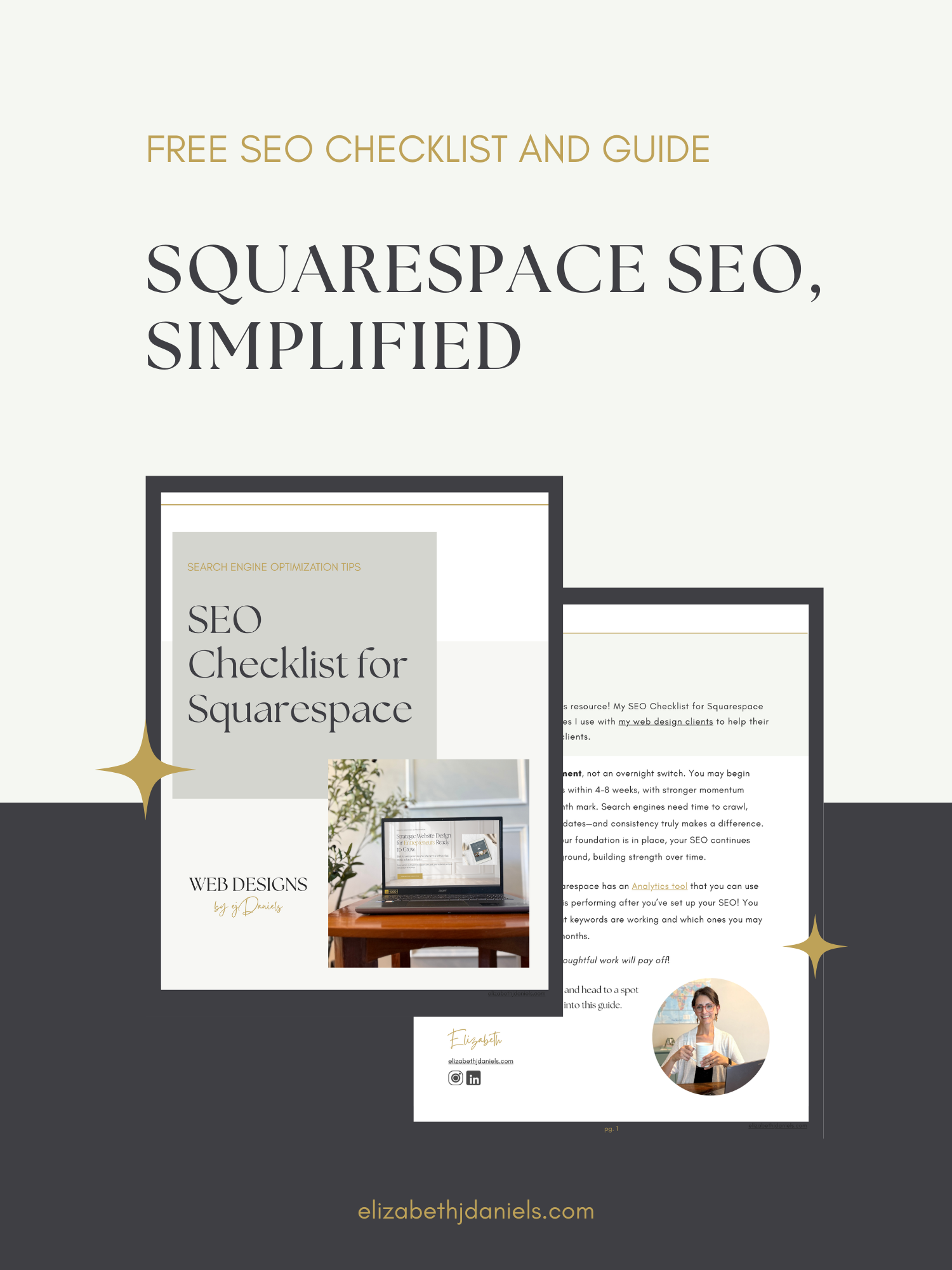 screenshots of elizabeth daniels' squarespace seo simplified checklist with image of open laptop on wooden table