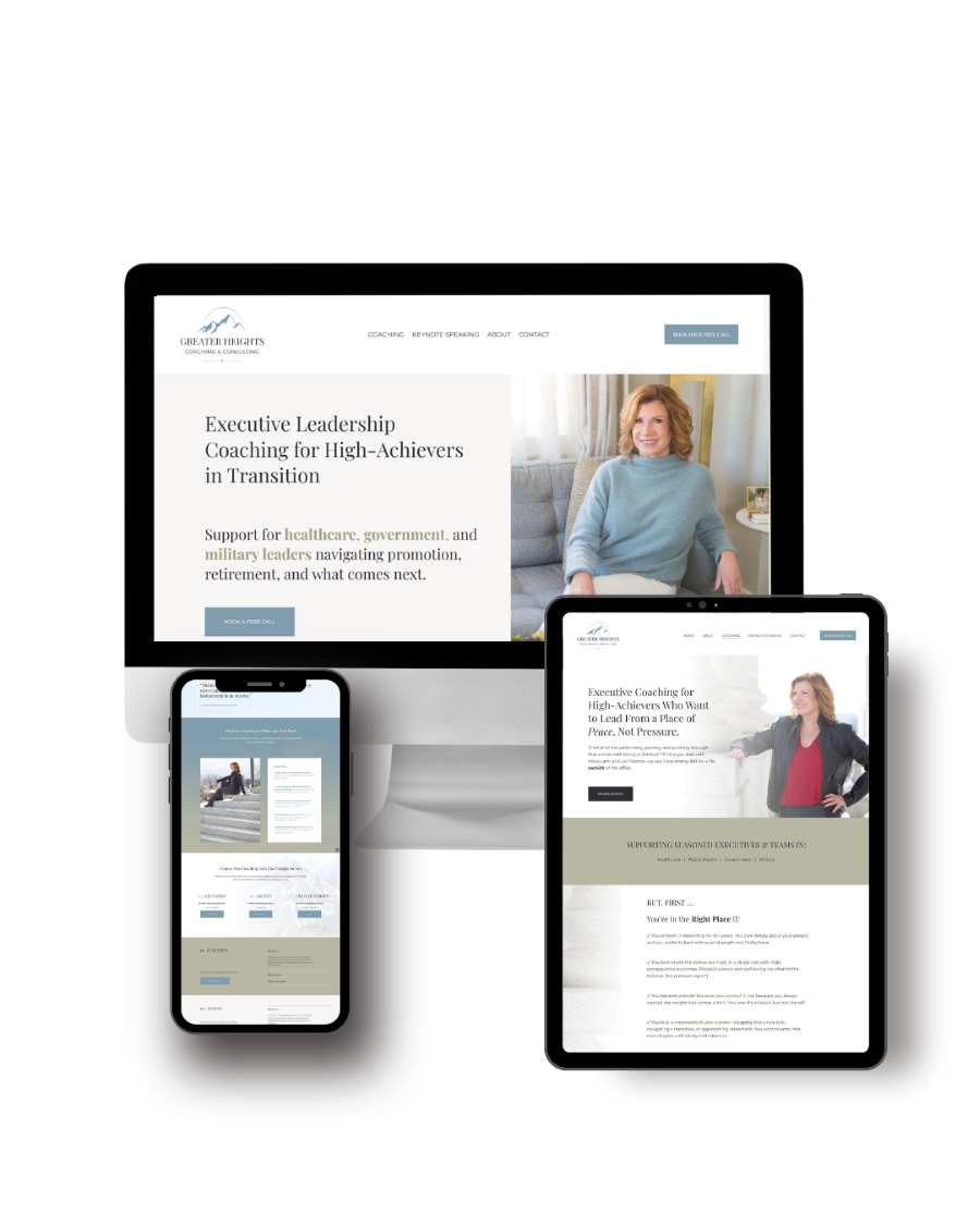 Website displayed on desktop, tablet, and smartphone screens showing coaching services for executive leadership and high-achievers.