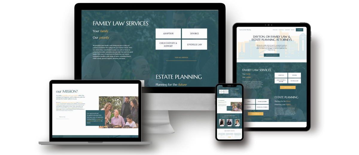 teal white and orange family law screen shots on smart devices