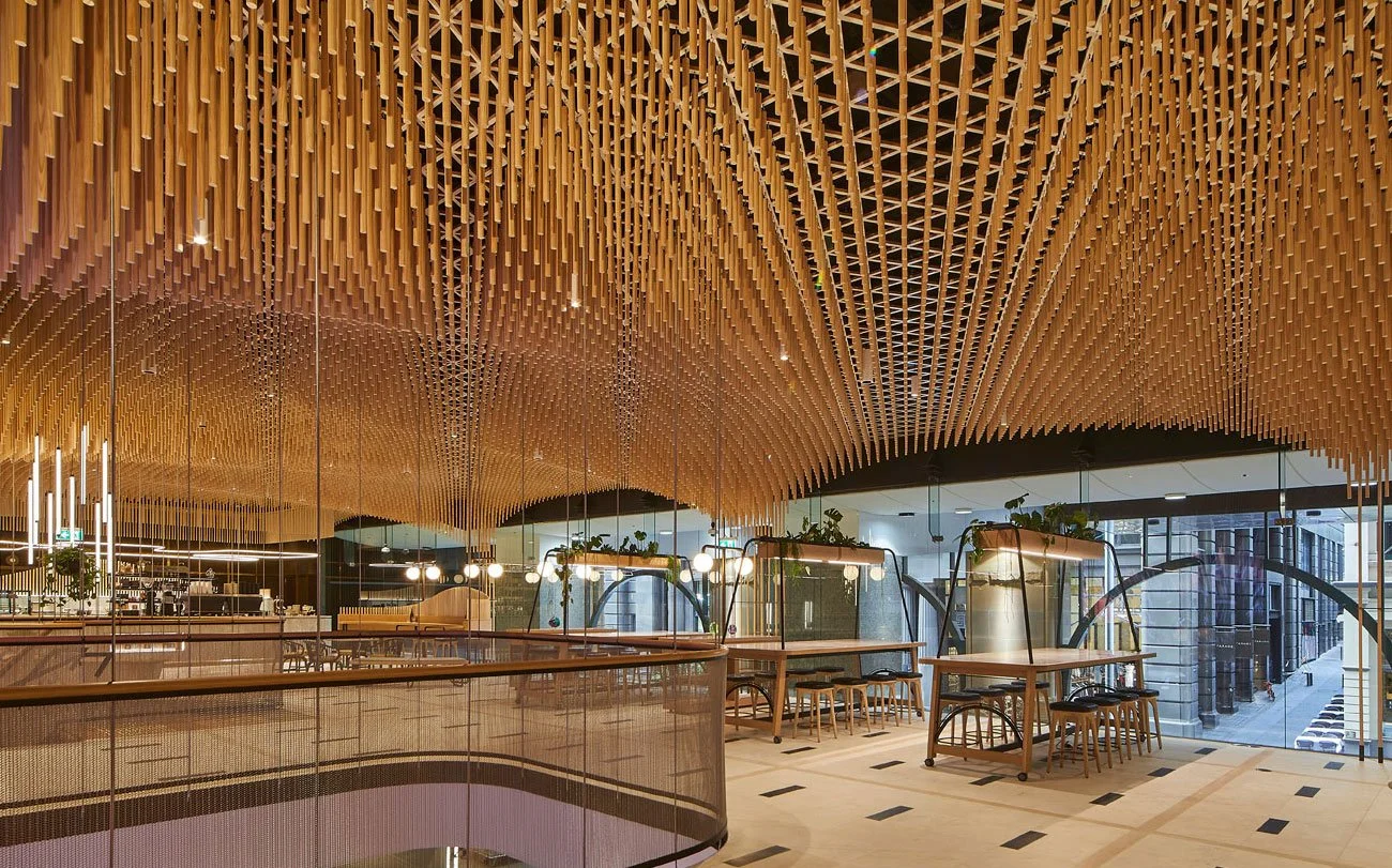 Key-Designa custom-routed acoustic plywood ceiling with suspended timber dowels at No 1 Martin Place Sydney
