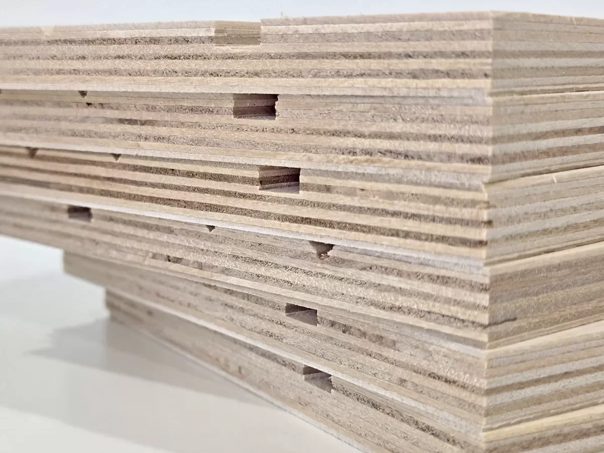 Side-by-side comparison of standard darker birch plywood glue line and Keystone clear glue line birch