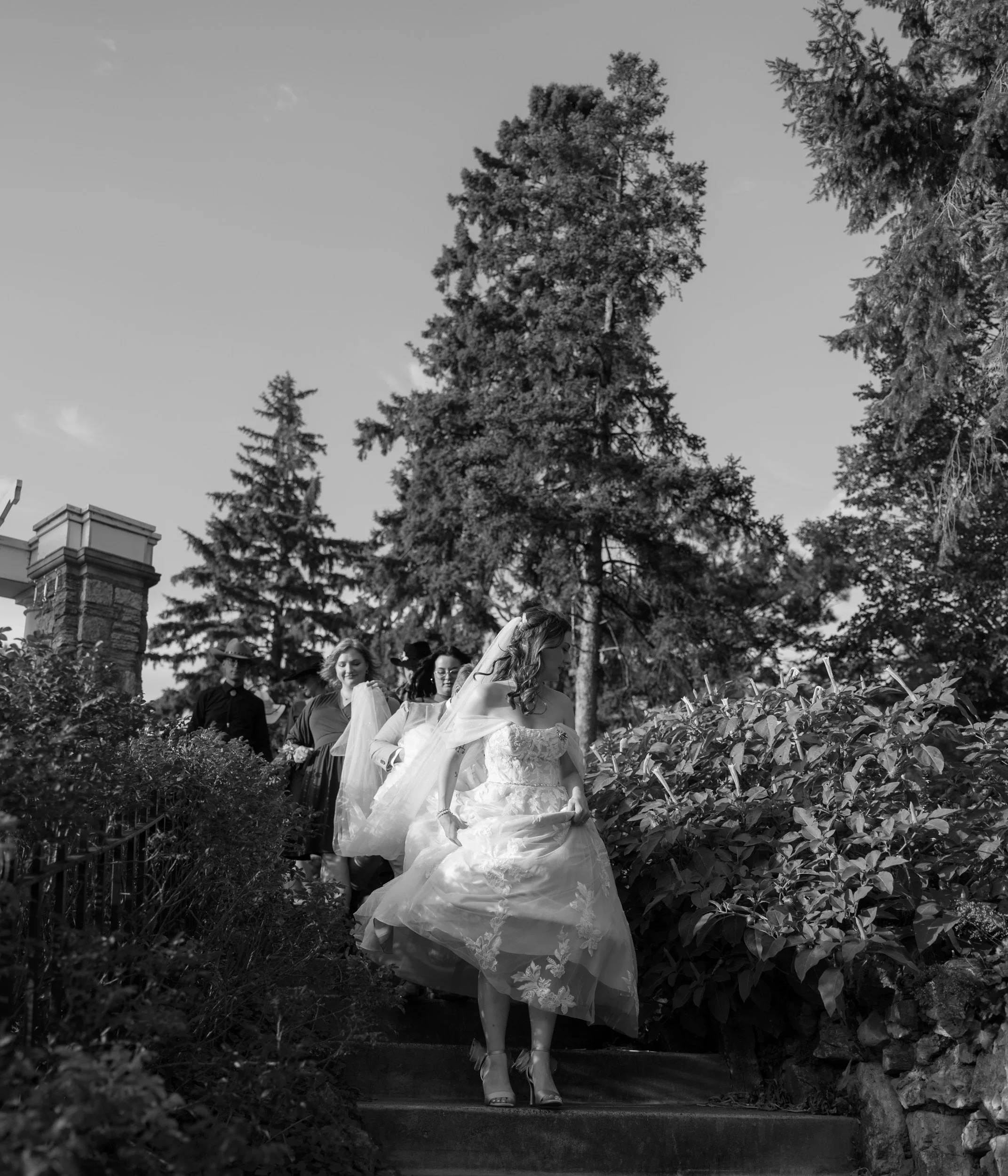 Black and white photo of a bride in a wedding dress and veil walking down outdoor stairs with her bridesmaids and friends following behind, surrounded by trees and bushes.