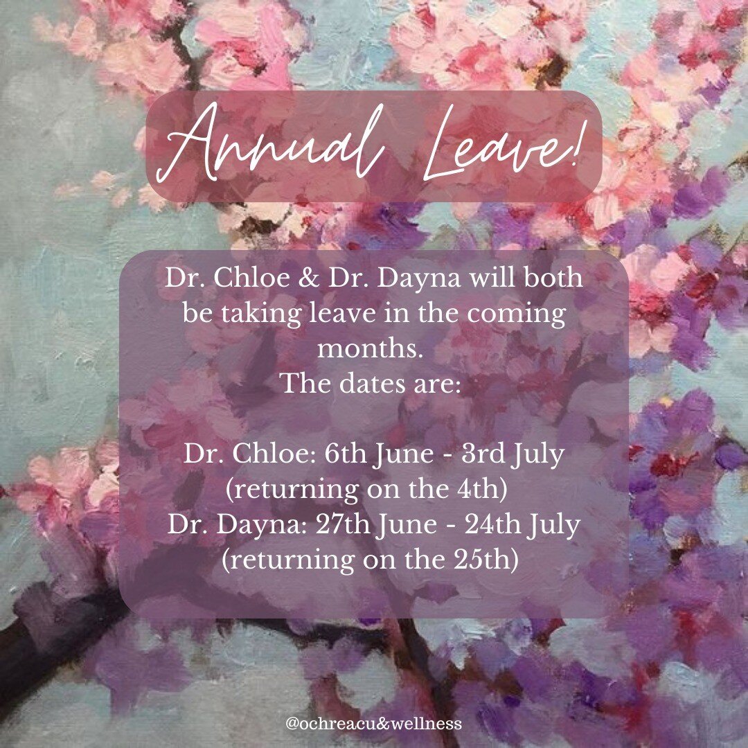 Our practitioners are going on annual leave!

Dr. Chloe will be away from the 6th of June - 3rd of July (returning to the clinic on the 4th). 

Dr. Dayna will be away from the 27th of June - 24th of July (returning on the 25th). 

They will be workin