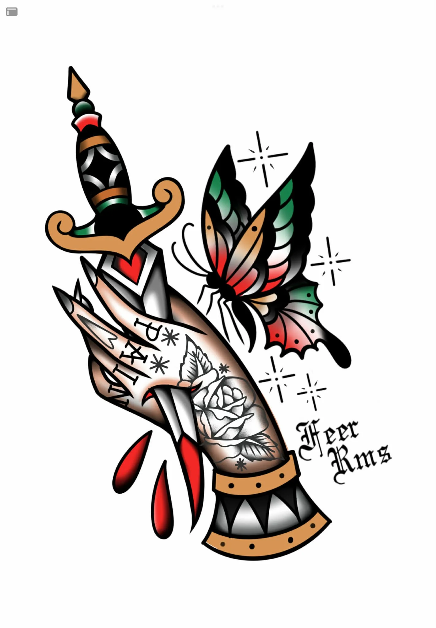 Pain hand with Dagger and Butterfly