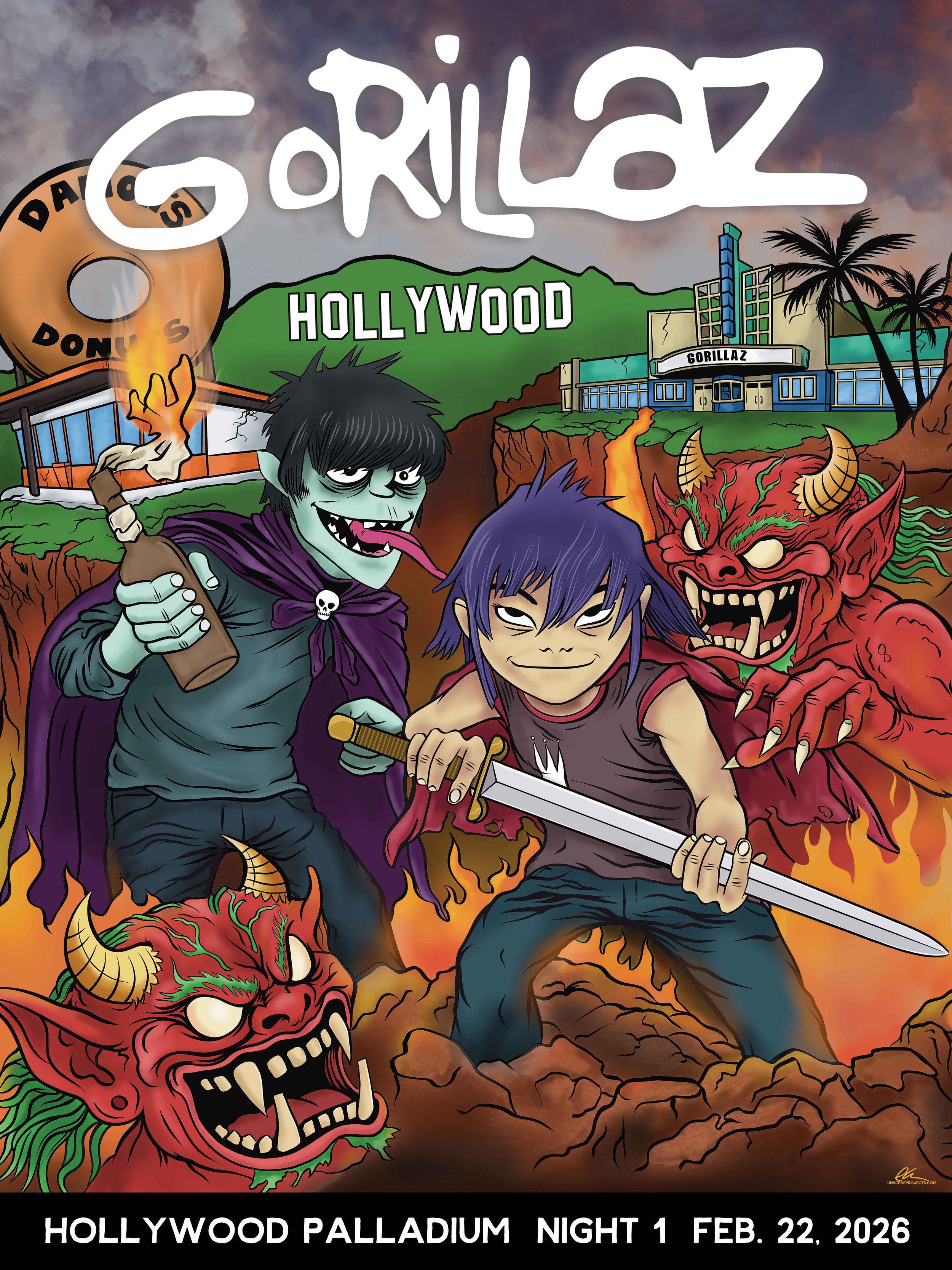 Gorillaz, Hollywood Palladium, Los Angeles, CA  Night 1: 2/22/26  18"x24"