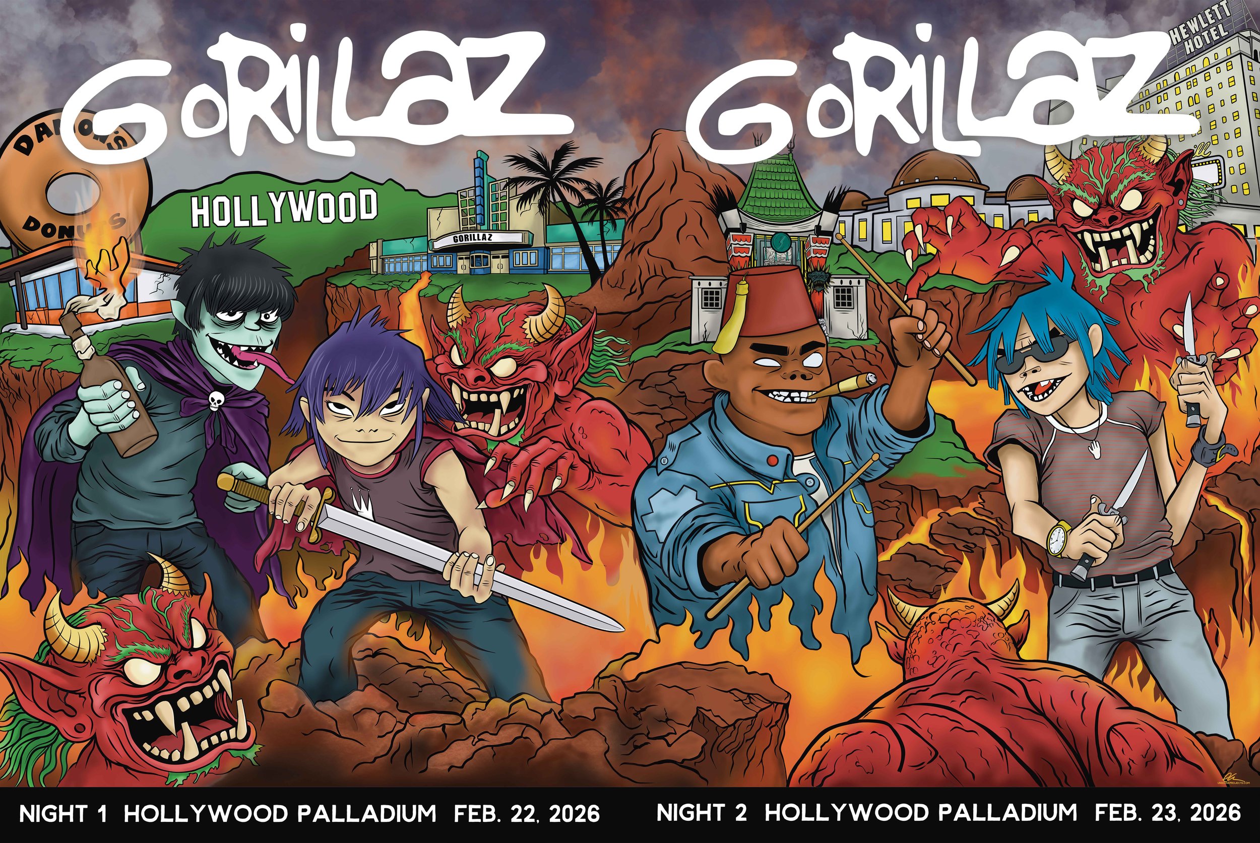 Gorillaz, Hollywood Palladium, Los Angeles, CA  Nights 1& 2: Diptych  36"x24"