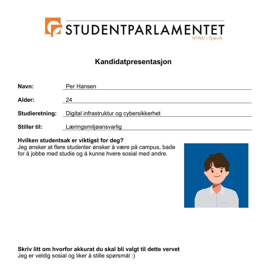 Utfylt kandidatskjema med utflyt infromasjon på navn, alder, studie og verv, men en setning på personens viktigste studentsak og hvorfor de stiller til vervet