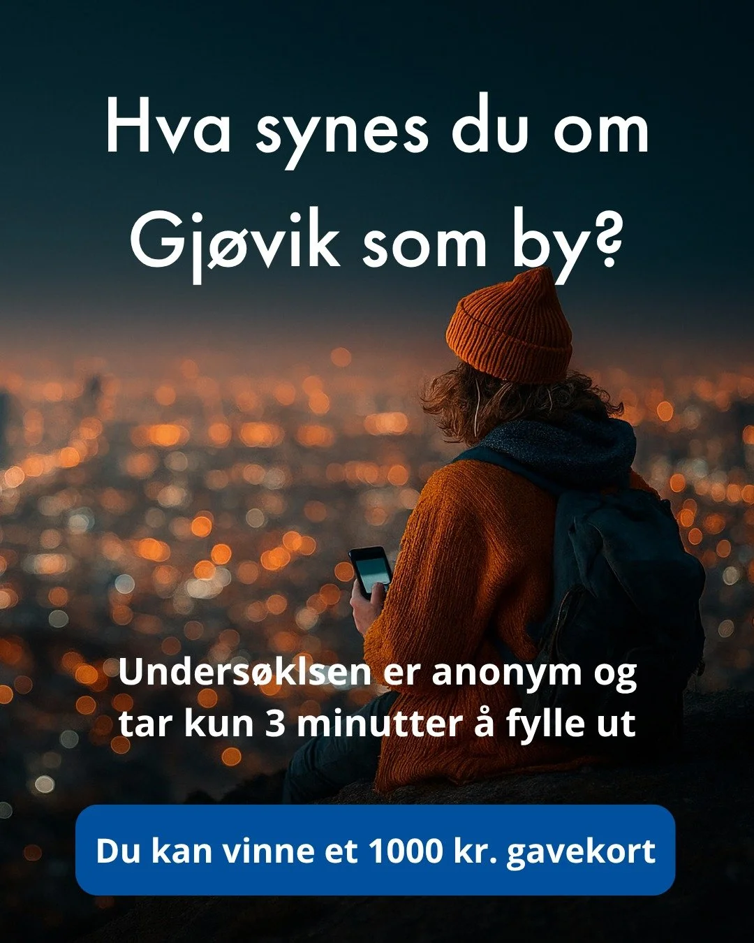 Bli med &aring; svare p&aring; en unders&oslash;kelse om hvordan du synes Gj&oslash;vik er &aring; bo i.
Unders&oslash;kelsen er anonym og tar kun 3 minutter &aring; fylle ut.
Du f&aring;r og bli med i trekning p&aring; et 1000 kr. gavekort!

Finn le