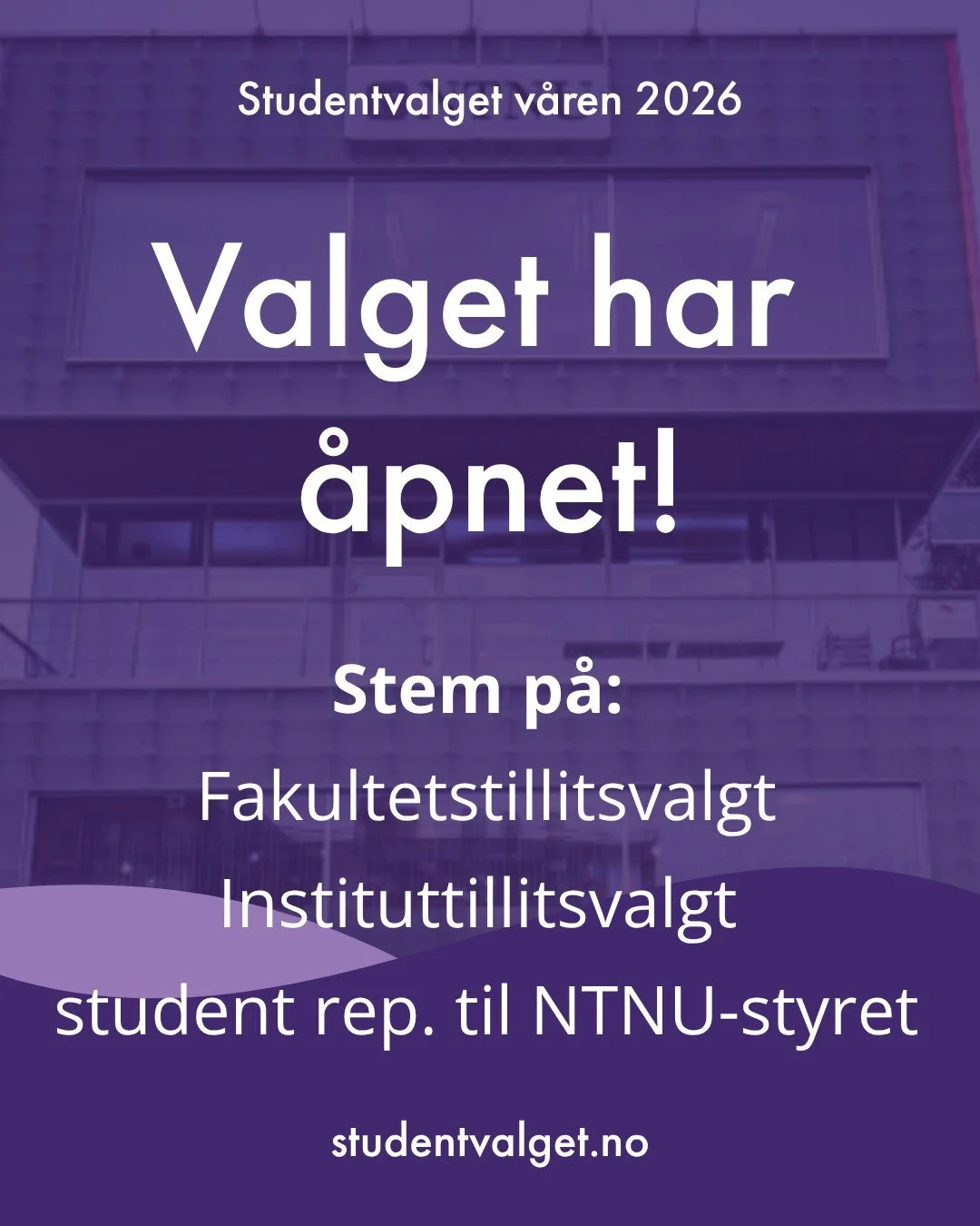 AKKURAT N&Aring; HAR VALGET &Aring;PNET!
📅Fra  i dag, 13.04 kl. 09:00 til Torsdag 16.04 kl. 20:00 kan du stemme.

Og du kan stemme p&aring; Fakultetstillitsvalgte og Instituttillitsvalgte til ditt studentr&aring;d, og studentrepresentanter til NTNU-