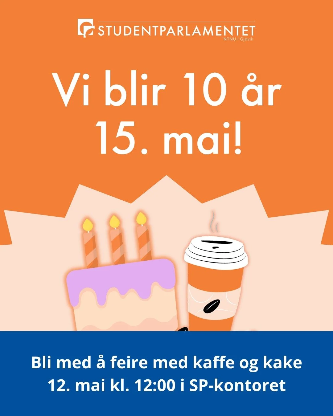 Vi blir 10 &aring;r 15. mai! og du kan bli med p&aring; feiringen🥳
📅trisdag 12. mai 🕛kl. 12:00 blir det kaffe og kake i SP-kontoret☕🎂
📢Vi kommer i tillegg til &aring; ha en konkurranse den 15. mai, s&aring; f&oslash;lg med p&aring; story!

--
En