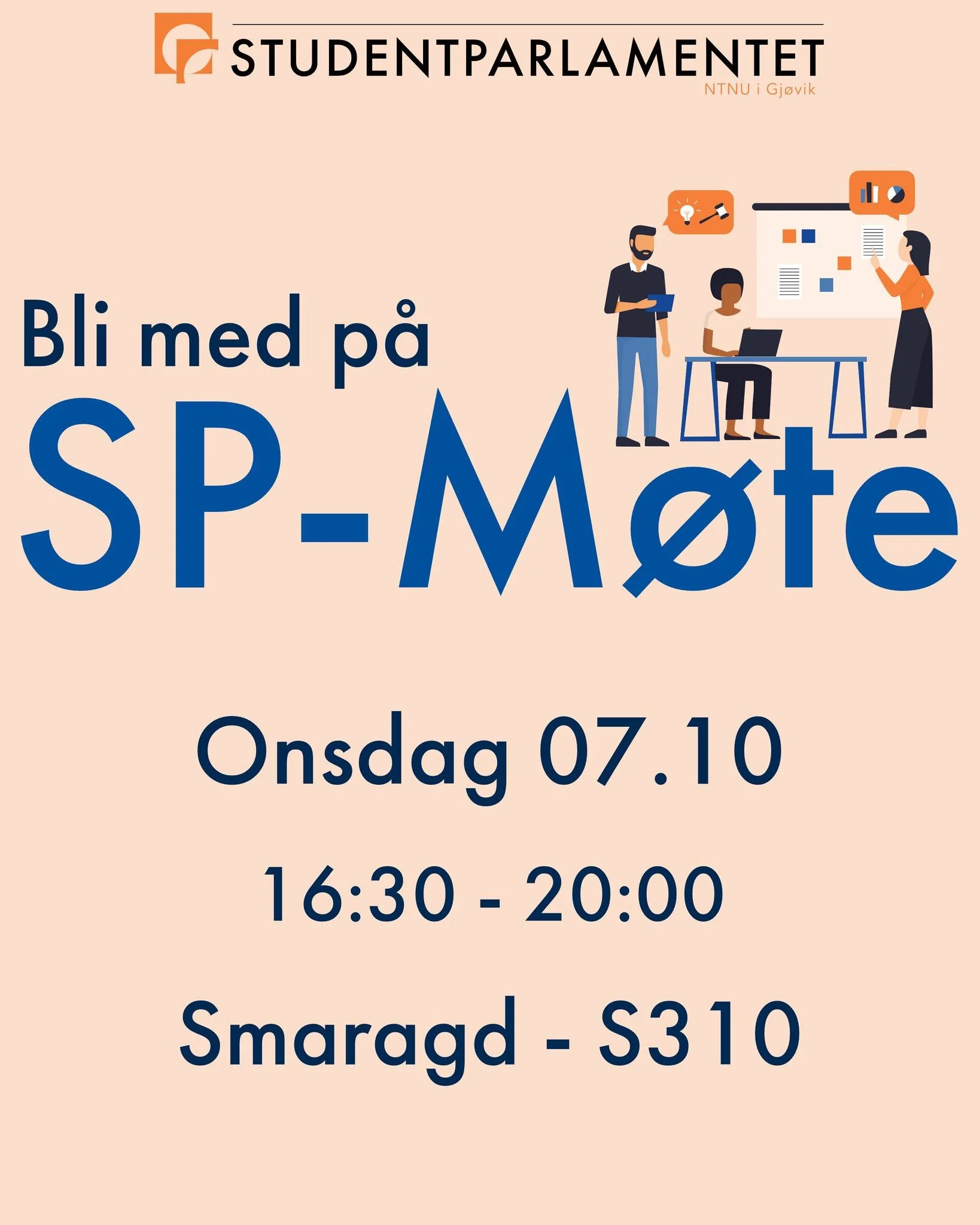 Bli med p&aring; SP-m&oslash;te! Onsdag 07.10 klokken 16:30 i Smaragd(S310).