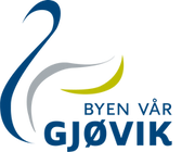 Logo for Byen Vår Gjøvik med en stivnakke i blått, grått og gult.