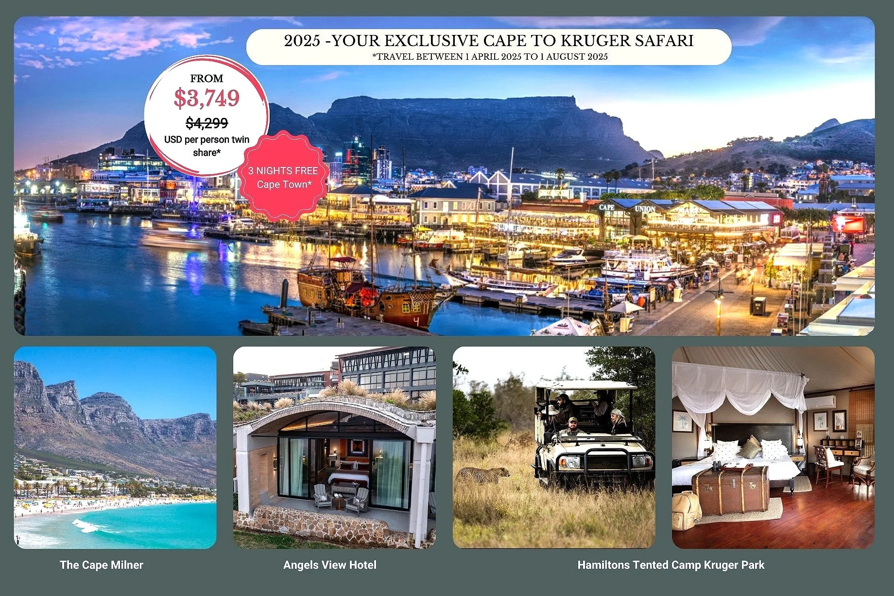9 Nights: (3 Nights Free):  ‘Yours Exclusively 2025 ' Luxury Cape Town & Private Kruger Safari Hamiltons Tented Camp