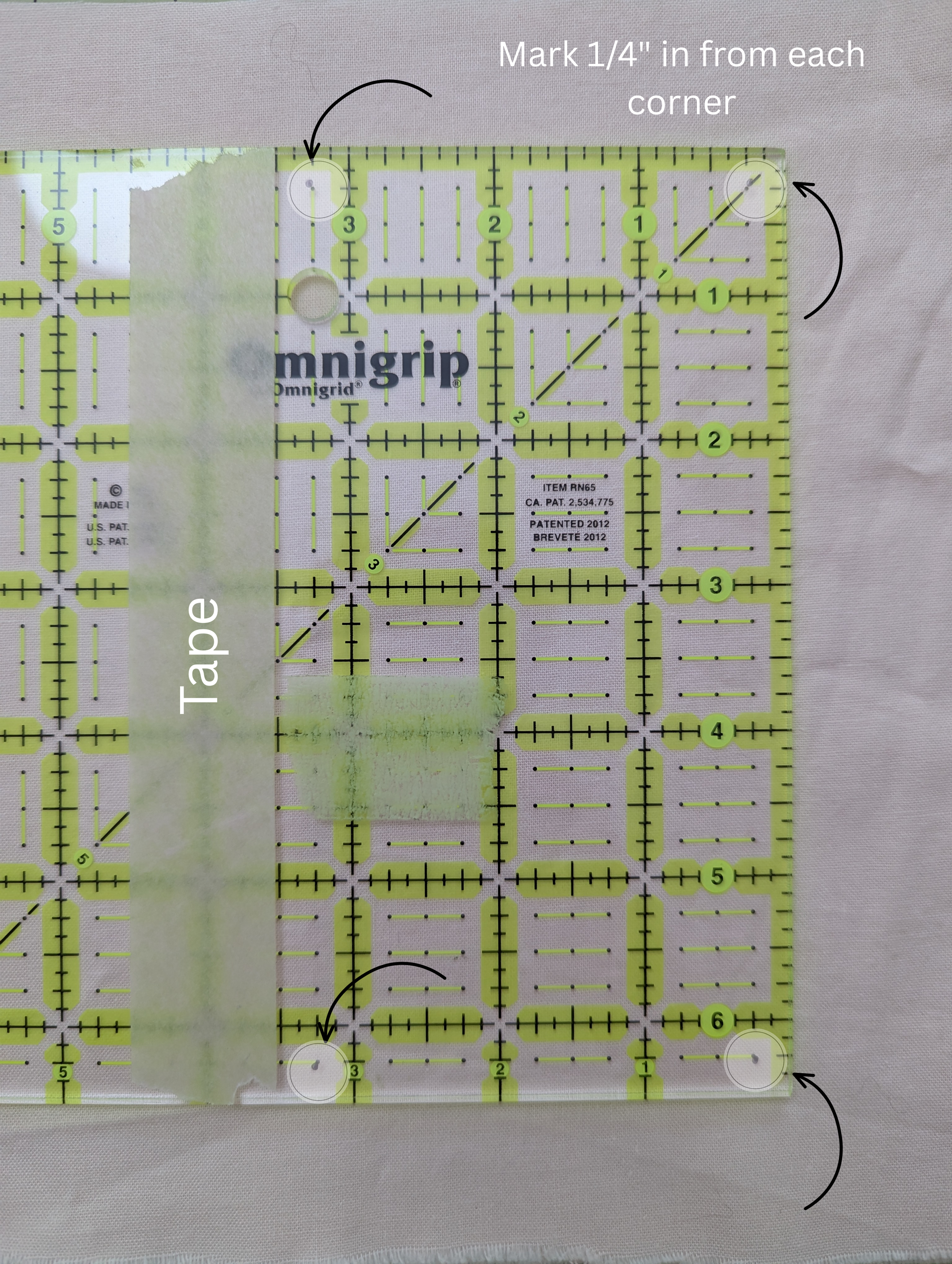 Quilting ruler marked up to prepare for trimming HRTs