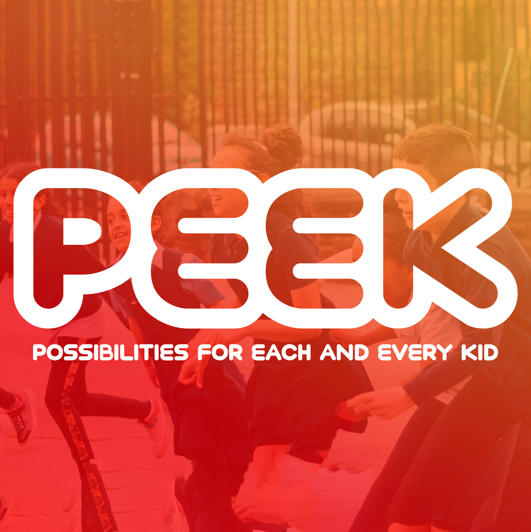 Children playing outside in a playground with a fence, with the word 'PEEK' and the slogan 'Possibilities for Each and Every Kid' overlayed in white text on a red-orange background.