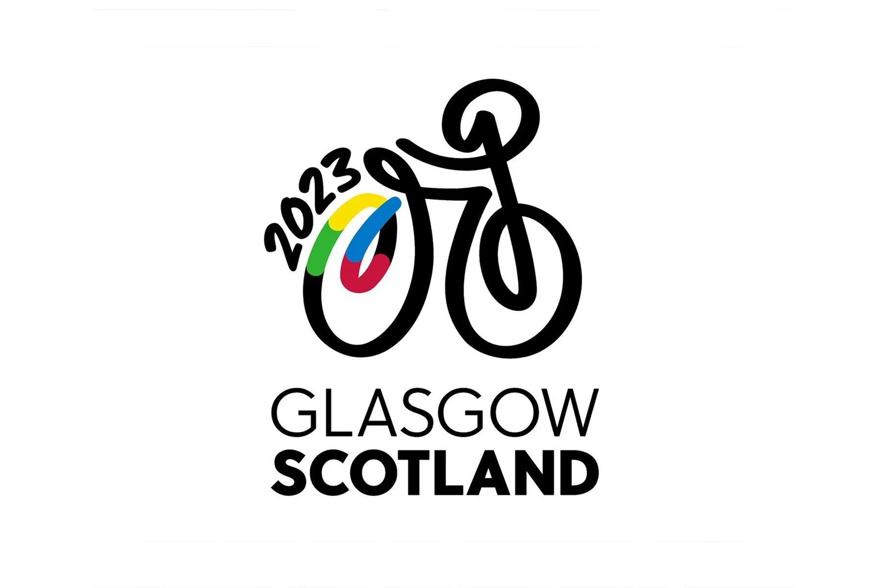 A stylized black outline of a bicycle with the numbers 2023 on the front wheel, which is decorated with green, yellow, blue, and red accents. Below the bicycle, the text reads 'GLASGOW SCOTLAND'.