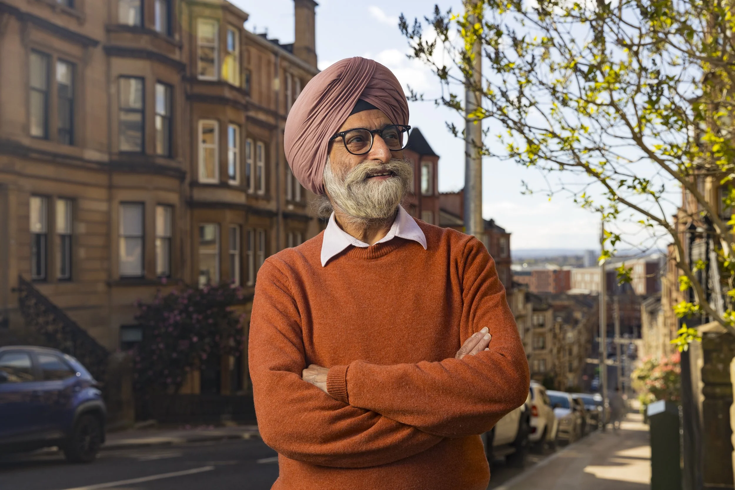 Portrait of sikh man standing in Glasgow, image shot by commercial photographer Mark Gillies. 