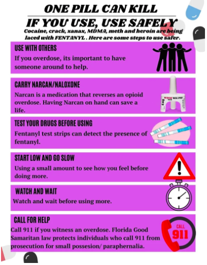 Infographic titled "One Pill Can Kill - If You Use, Use Safely," highlighting the risks of drug use due to fentanyl contamination. It provides safety steps: 1. Use drugs with others to have help in case of overdose. 2. Carry Narcan/Naloxone to reverse opioid overdoses. 3. Test drugs for fentanyl using test strips. 4. Start with a low dose and go slow. 5. Watch and wait before using more. 6. Call 911 for help, protected by Florida Good Samaritan law for overdose cases. Includes graphics like people, Narcan, test strips, and a warning sign.