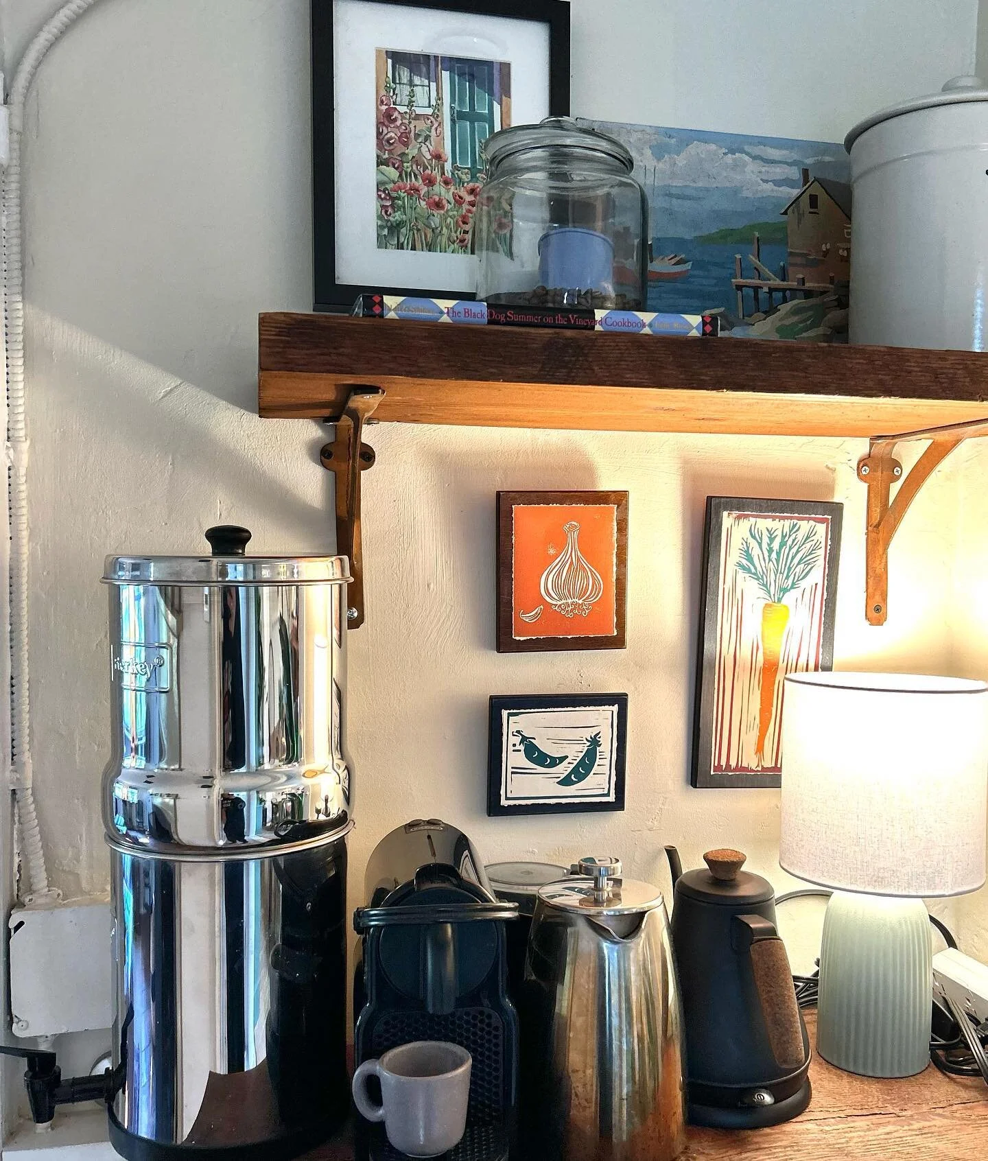 Nothing like a cute coffee nook with some local art! @altheadesignsmv altheadesignsmv #greenhillmv #vacationrental #coffee #shoplocal #localartist #marthasvineyard #summerrental #airbnb #vrbo