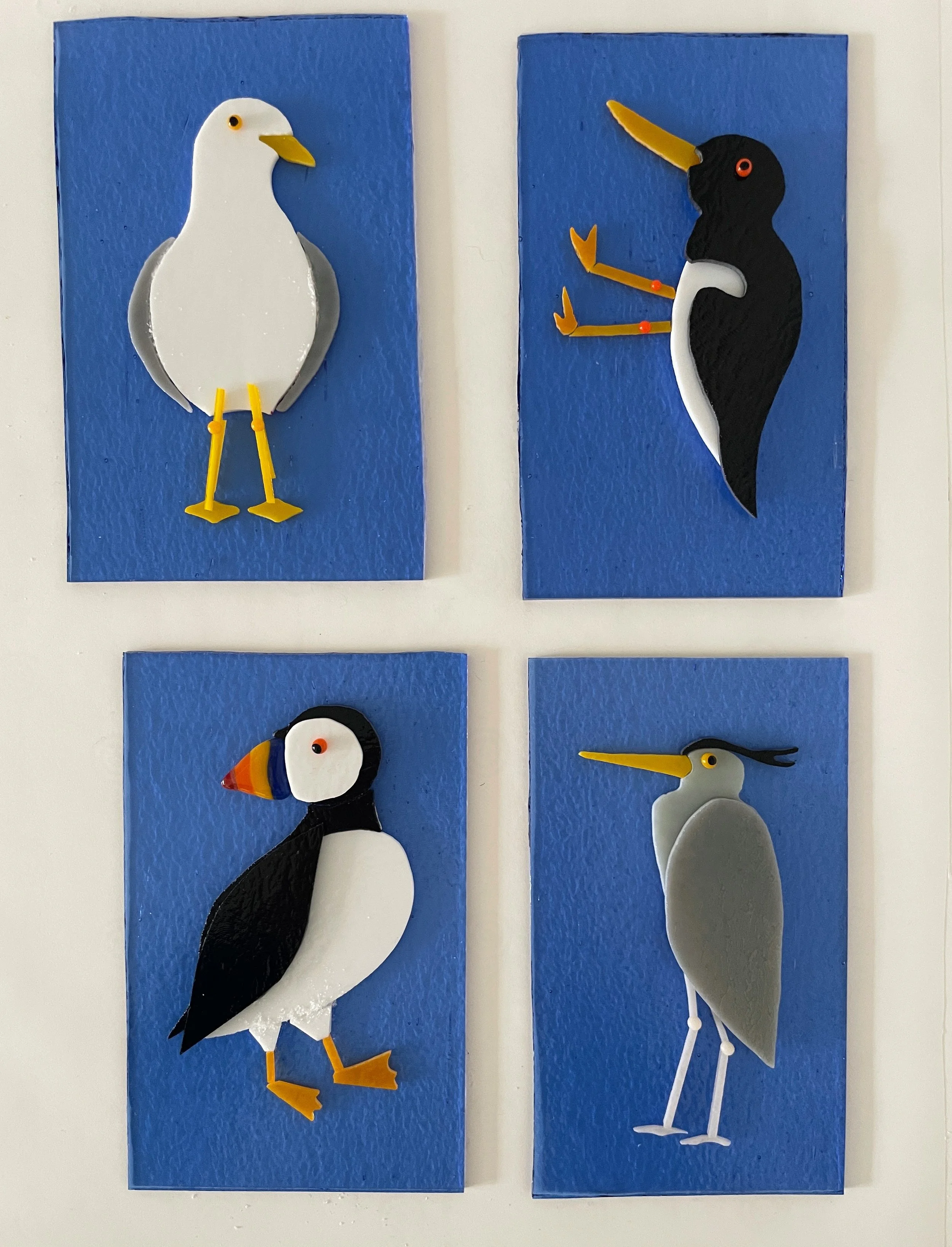 Four minimalist bird illustrations on blue backgrounds: a seagull, an oystercatcher, a puffin, and a heron.