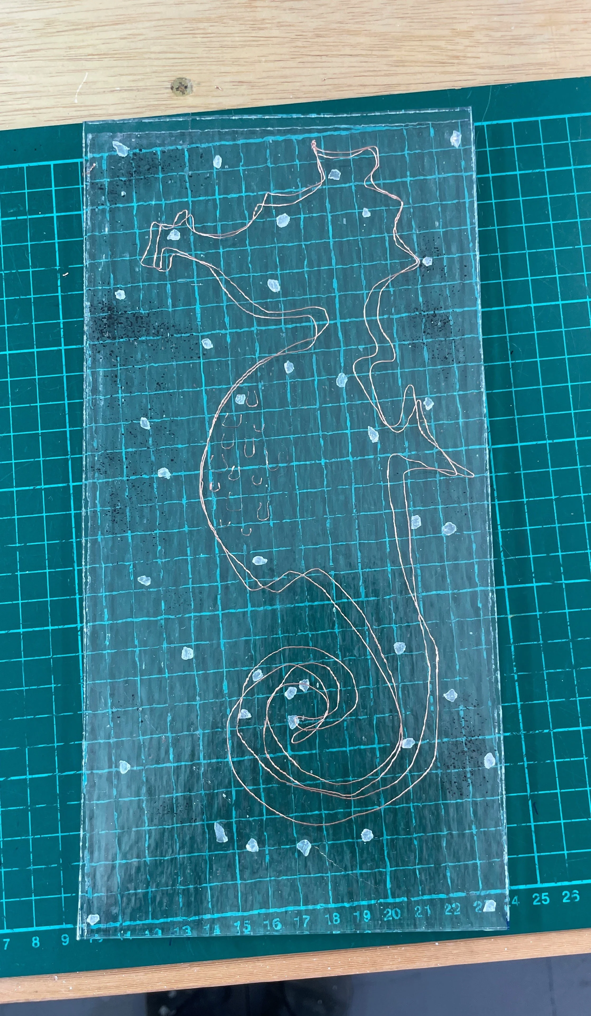 Clear acrylic sheet with a seahorse engraving placed on a green cutting mat with gridlines.