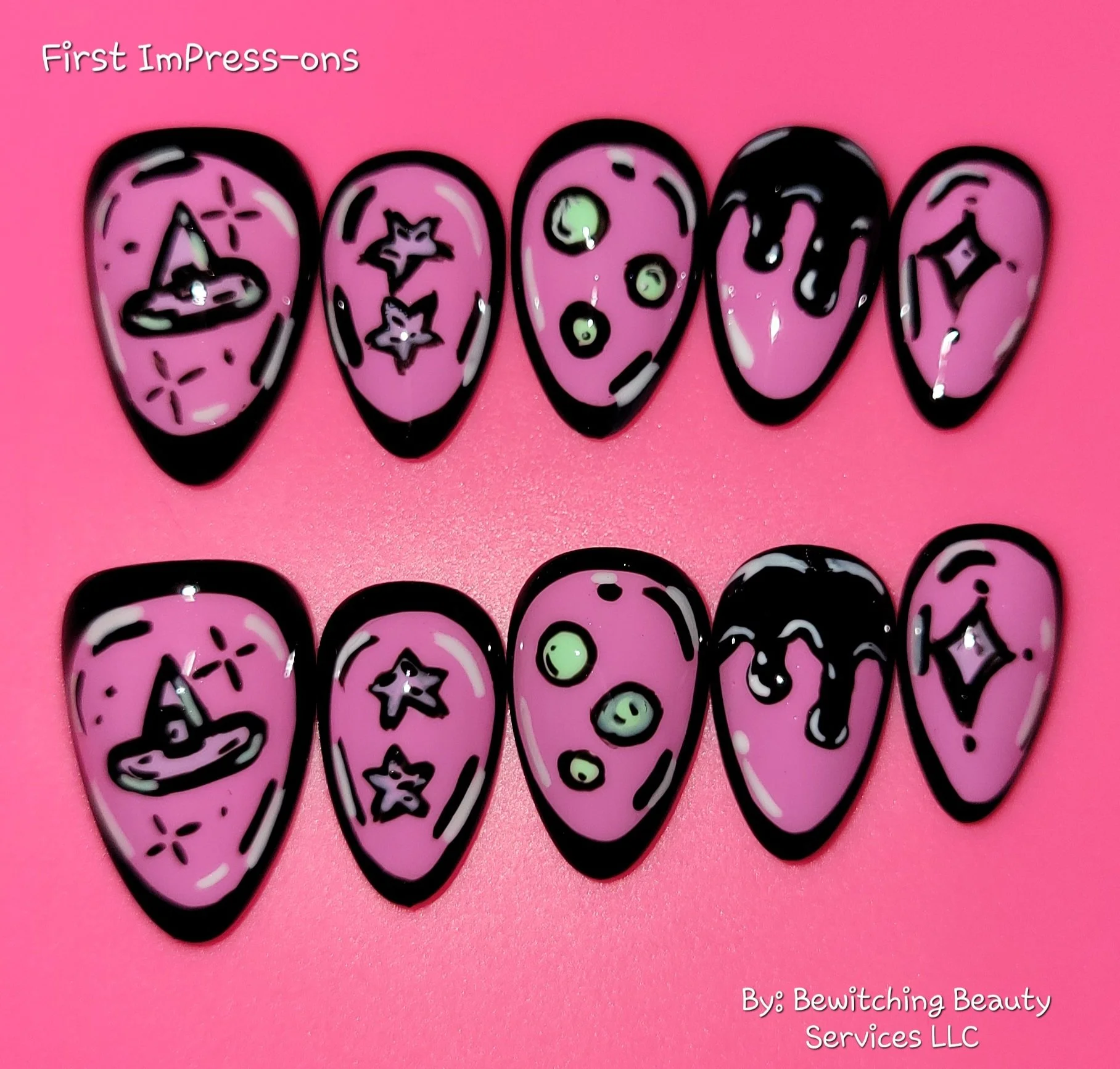Pink witchy comic book nails 
