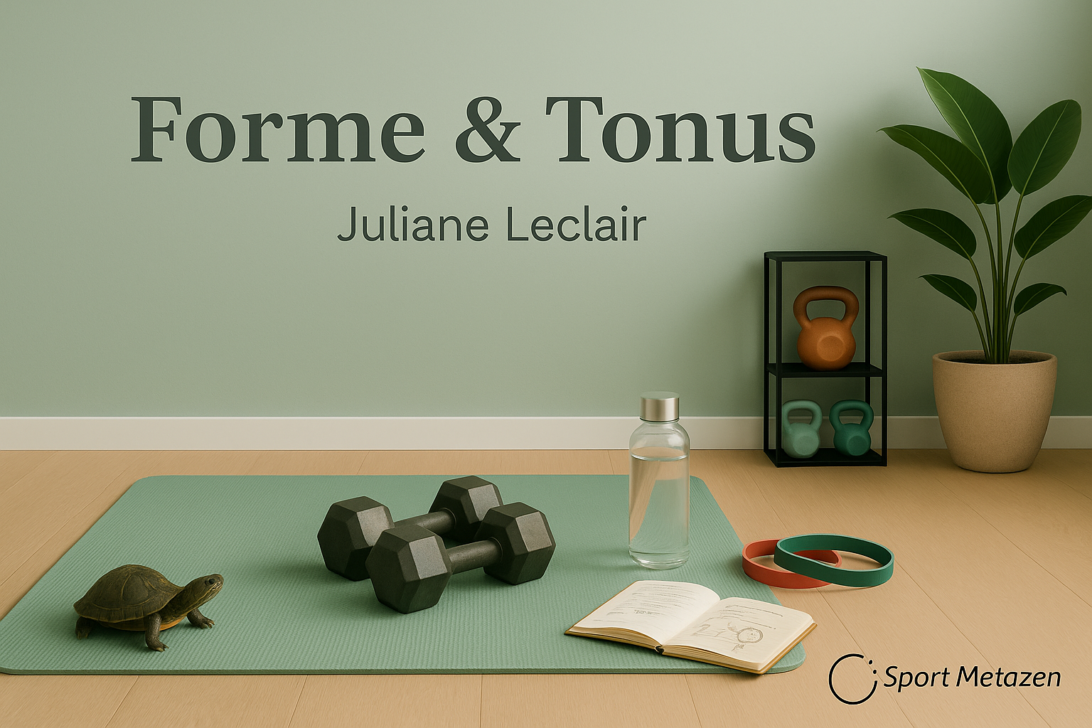 Salle d'entraînement avec une corde à sauter, des haltères, une bouteille d'eau, un livre ouvert, des anneaux de fitness, une tortue , une grande plante verte et le texte 'Forme & Tonus Juliane Leclair' sur un mur vert clair avec le logo de Sport Metazen en bas à droite.