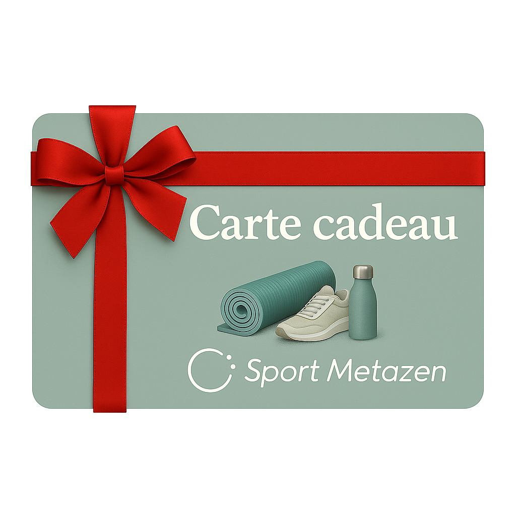 Carte cadeau pour Sport Metazen avec un ruban rouge, une bouteille d'eau, un tapis de sport et une chaussure de sport sur un fond vert pâle.