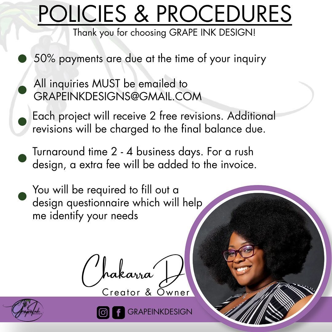 Happy 2023! This year will be an successful goal-filled year for us all! Take a look at the updated policy &amp; business hours. 

It&rsquo;s a GRAPE day to create🍇💜
Please send Inquiries to: Grapeinkdesigns@gmail.com or DM!