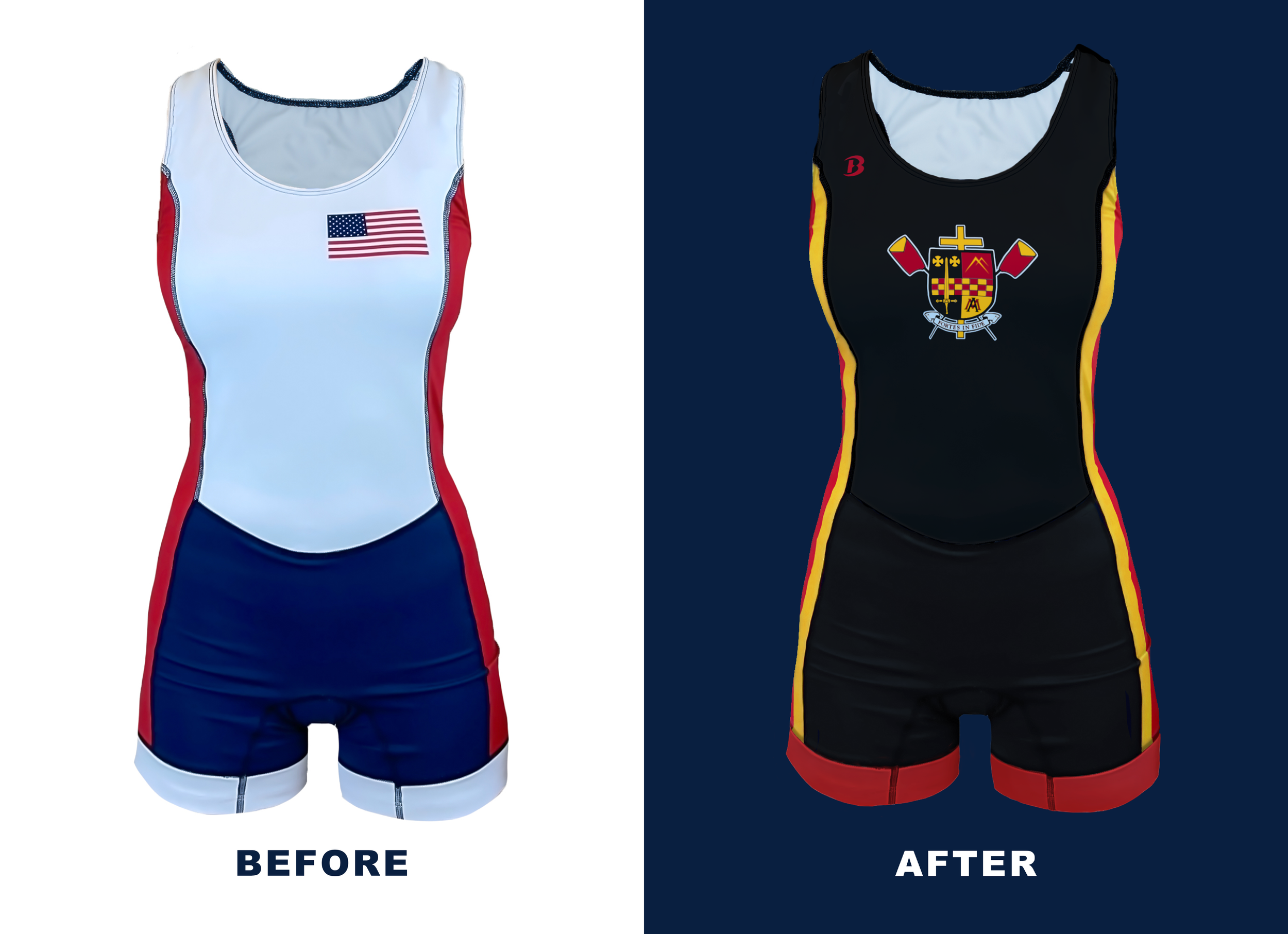 before and after photoshop image of boathouse's women's pinnacle III unisuit